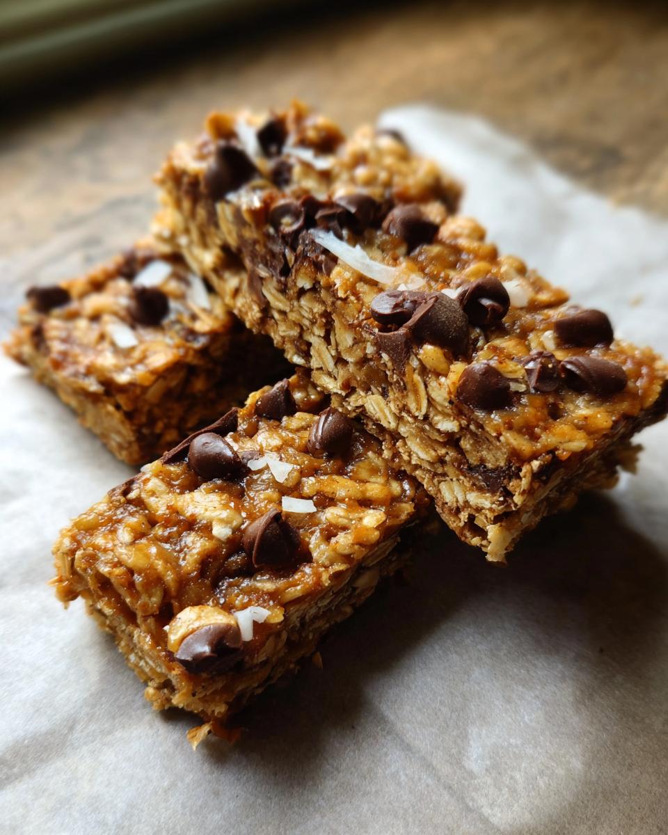 Close-up of chocolate chip oat bars stacked on parchment paper, a quick snack dessert recipes option.