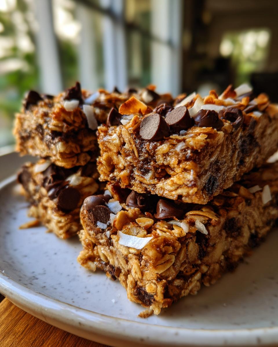 Close-up of chocolate chip oat bars stacked on a plate, a perfect quick snack dessert recipes option.