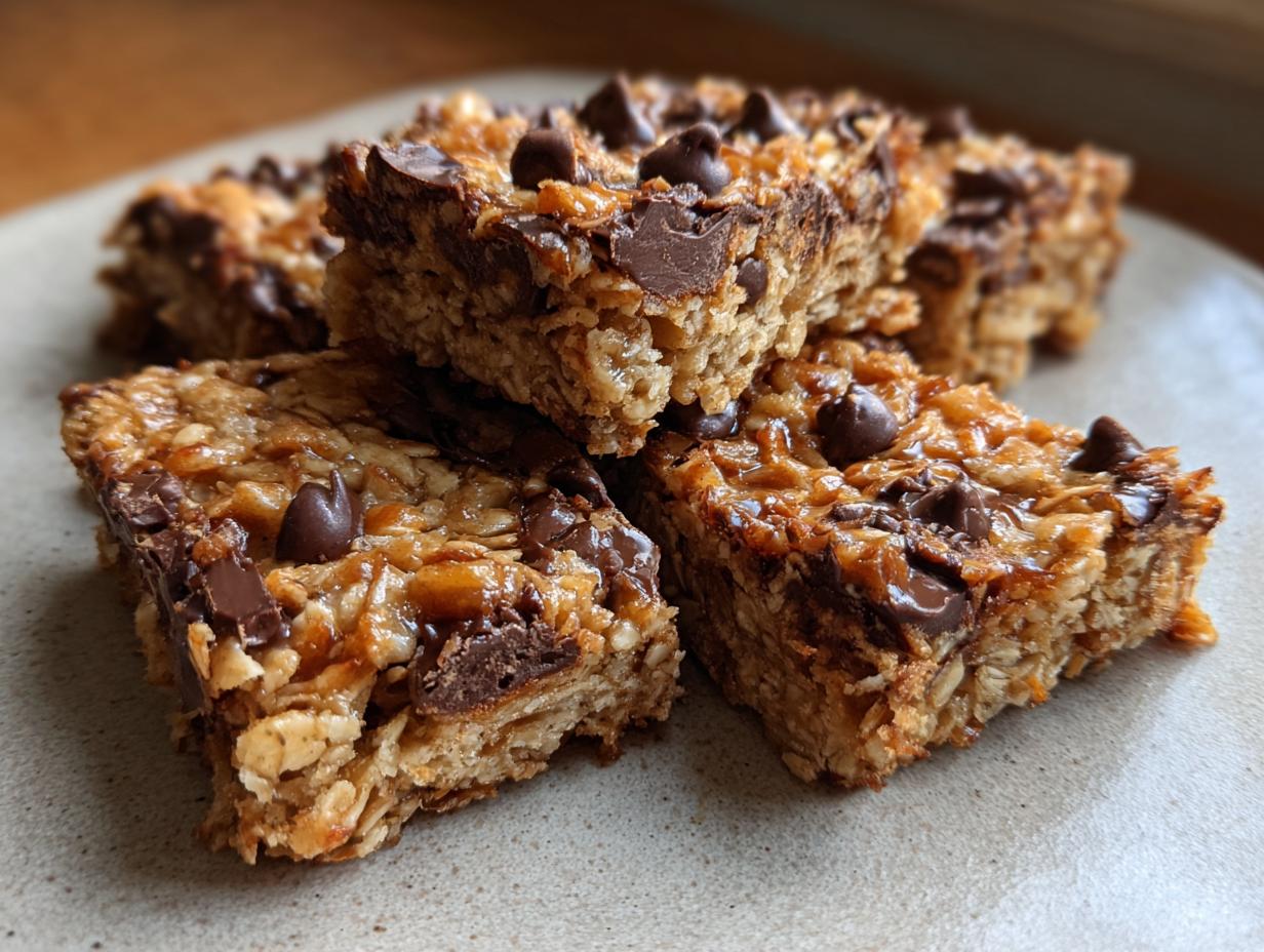 Close-up of chocolate chip oat bars stacked on a plate, perfect quick snack dessert recipes