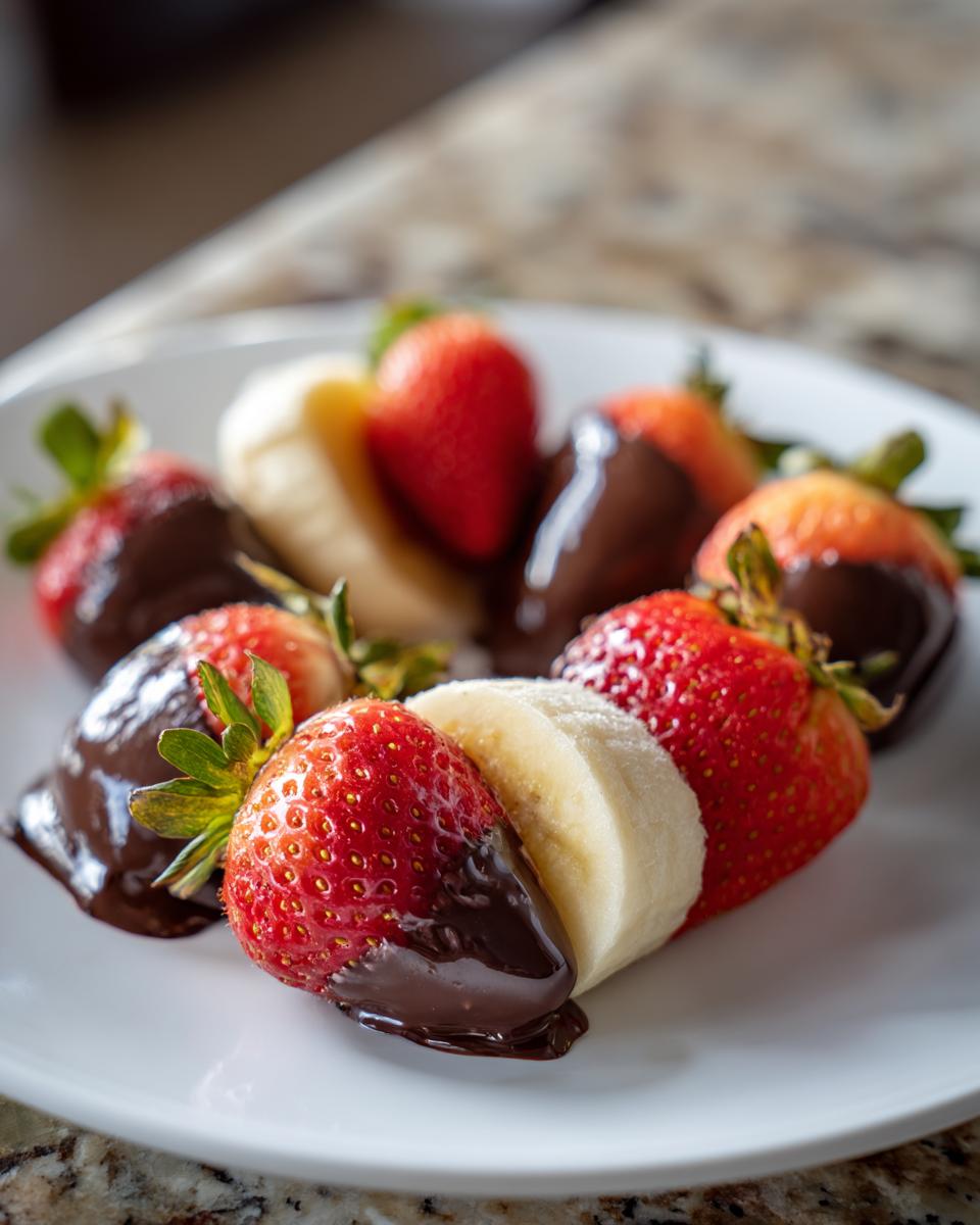 Strawberries and banana slices dipped in chocolate on a white plate, showcasing chocolate dipped fruit recipes.