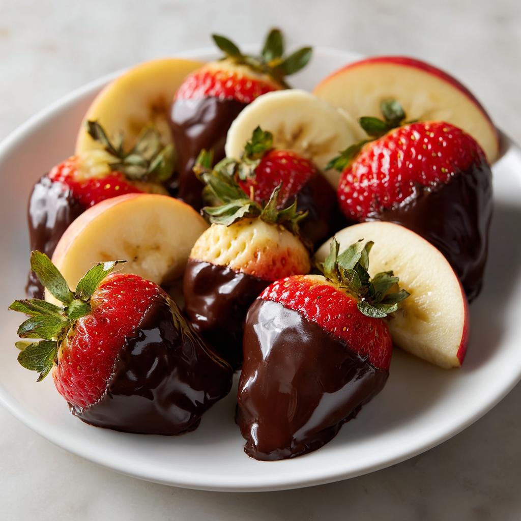 Strawberries dipped in chocolate with banana and apple slices on a white plate.