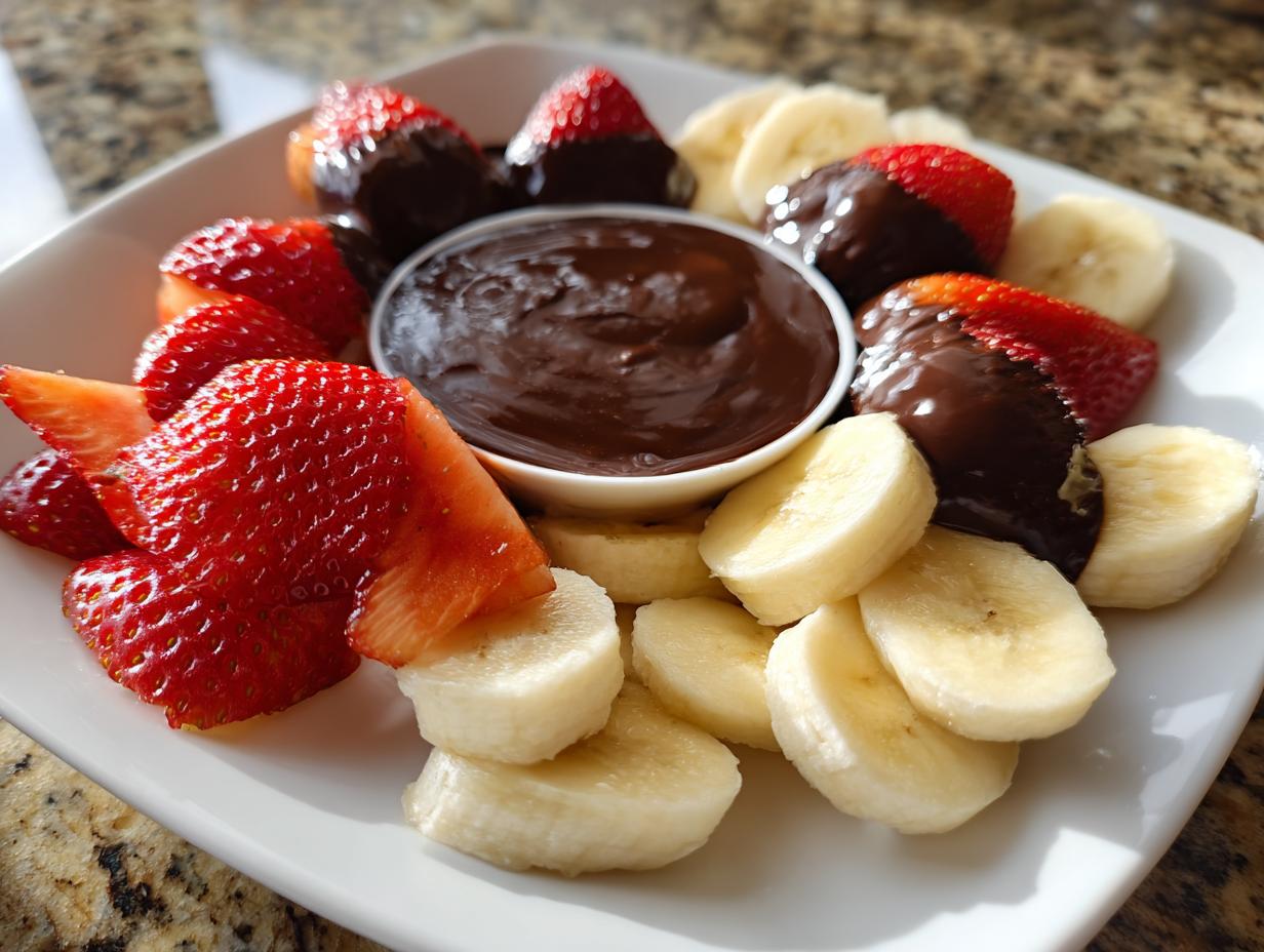 Plate of strawberries dipped in chocolate and banana slices with chocolate dip in center