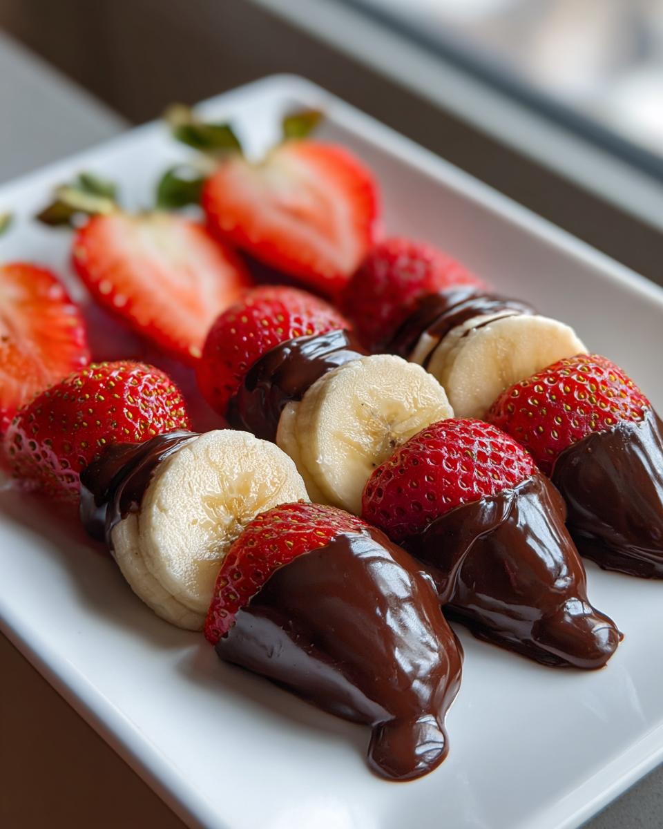 Skewers of strawberries and banana slices dipped in rich chocolate on a white plate.