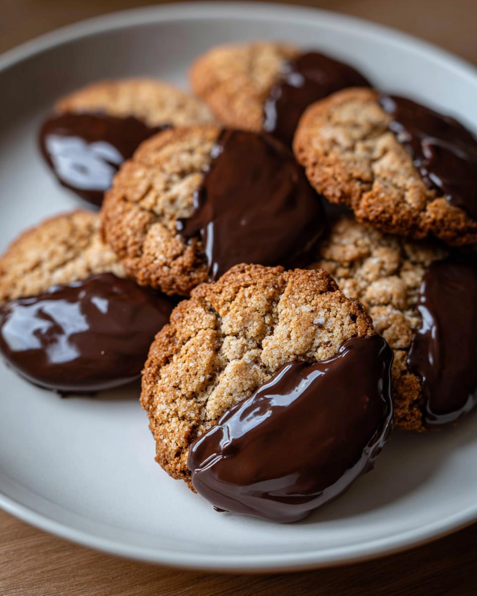 Plate of homemade sweet treat ideas cookies dipped in glossy dark chocolate.