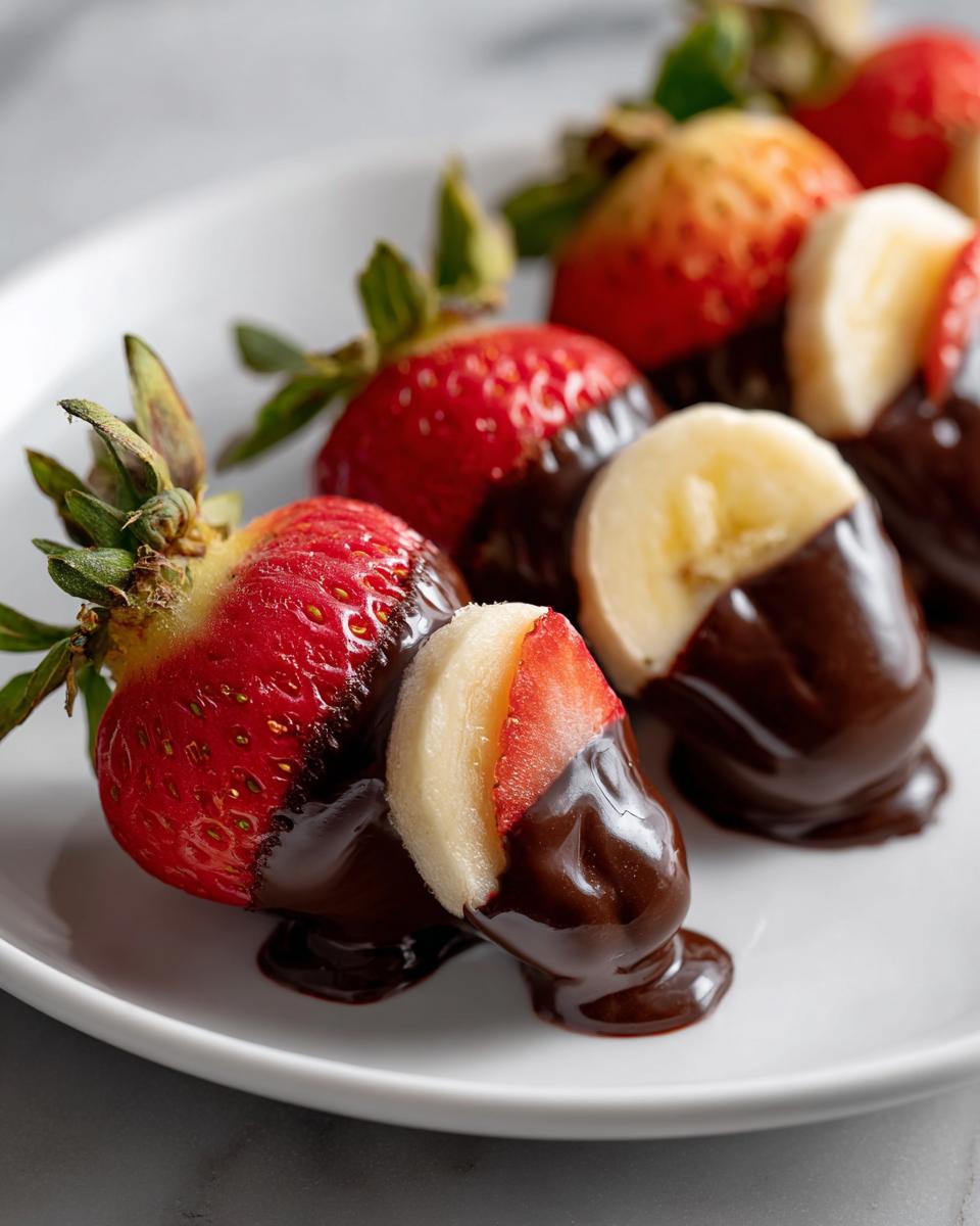 Strawberries and banana slices dipped in chocolate on a white plate, showcasing chocolate dipped fruit recipes.