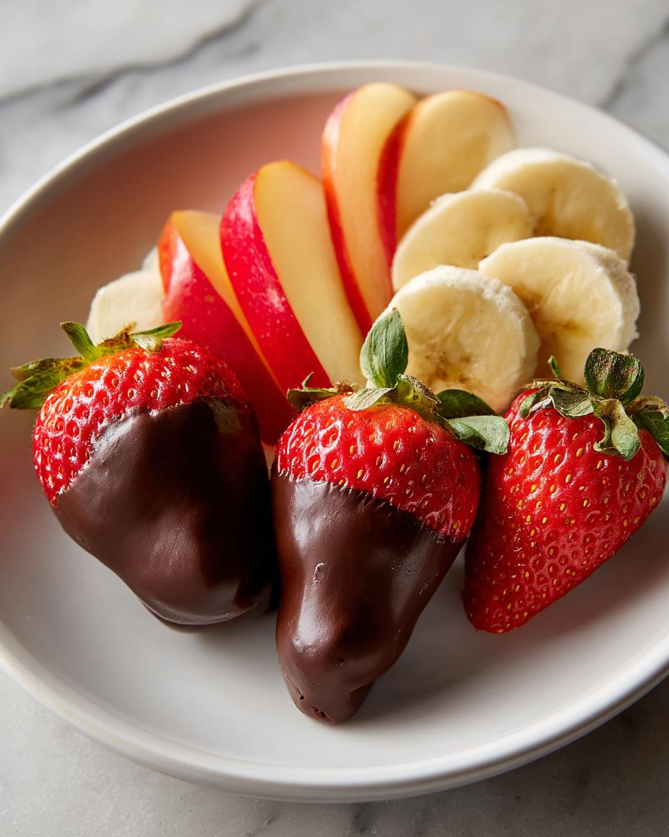 Strawberries dipped in chocolate served with sliced bananas and apples on a white plate