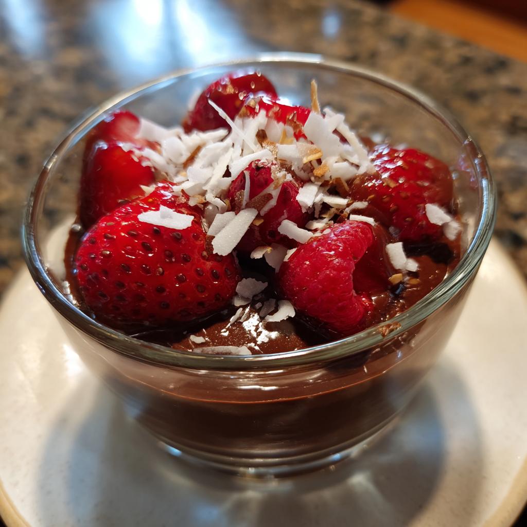 Glass cup of chocolate mousse topped with strawberries, raspberries, and shredded coconut.