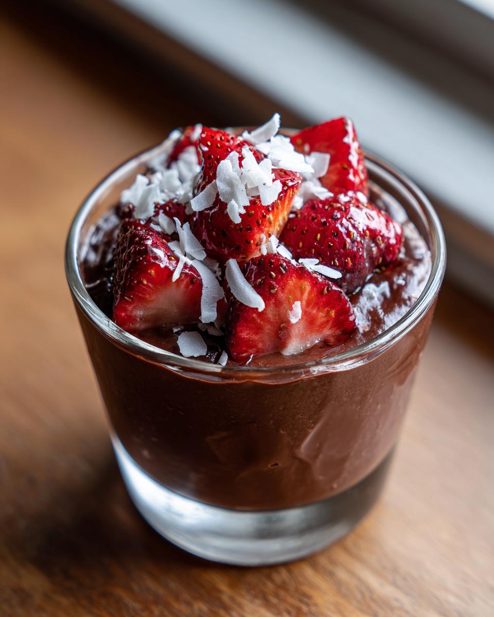 Glass of chocolate mousse topped with fresh strawberries and coconut flakes