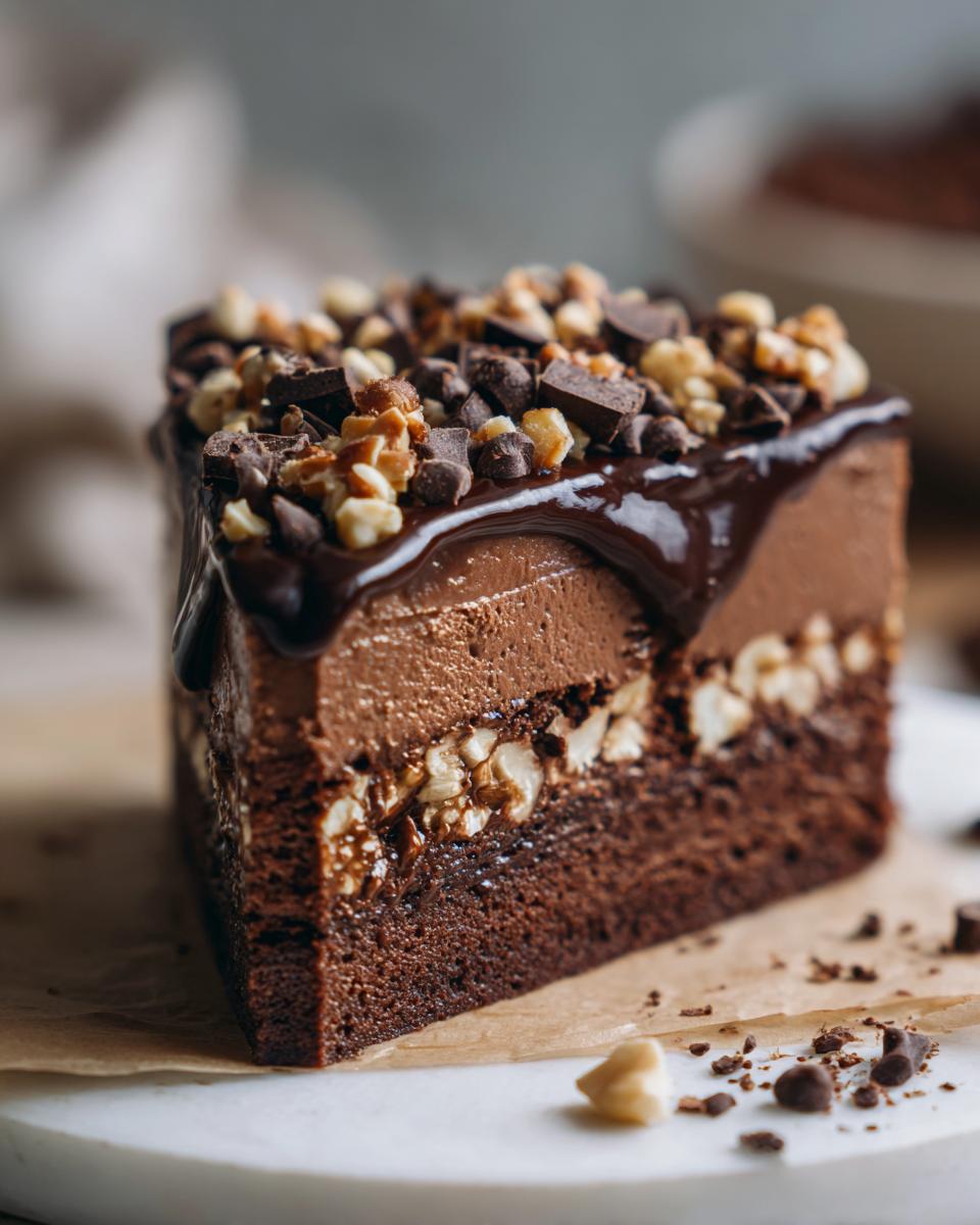 Close-up of a rich chocolate cake slice topped with nuts and chocolate chunks for Easter chocolate dessert ideas.