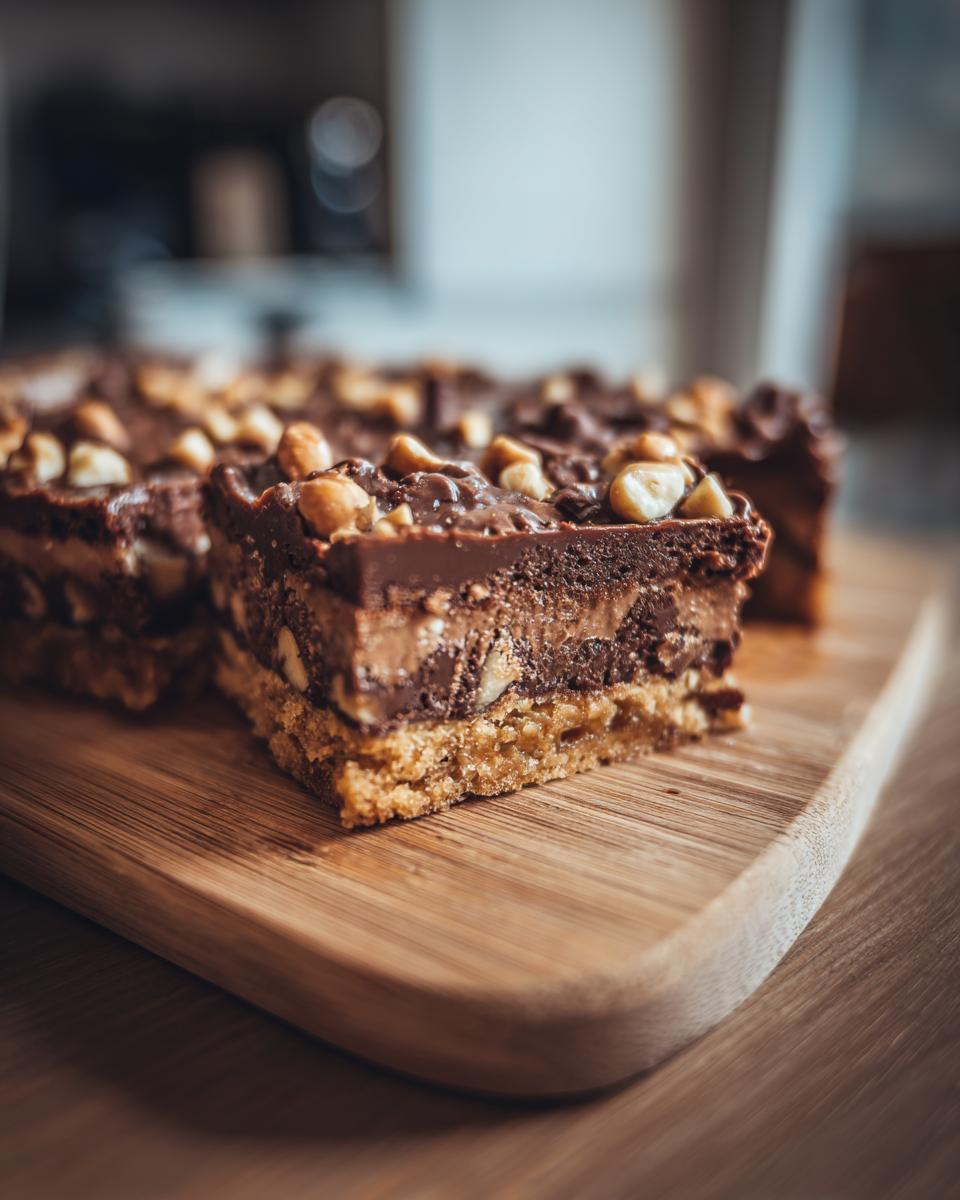 Close-up of chocolate nut dessert bars with a crumbly base on a wooden board, Easter chocolate dessert ideas
