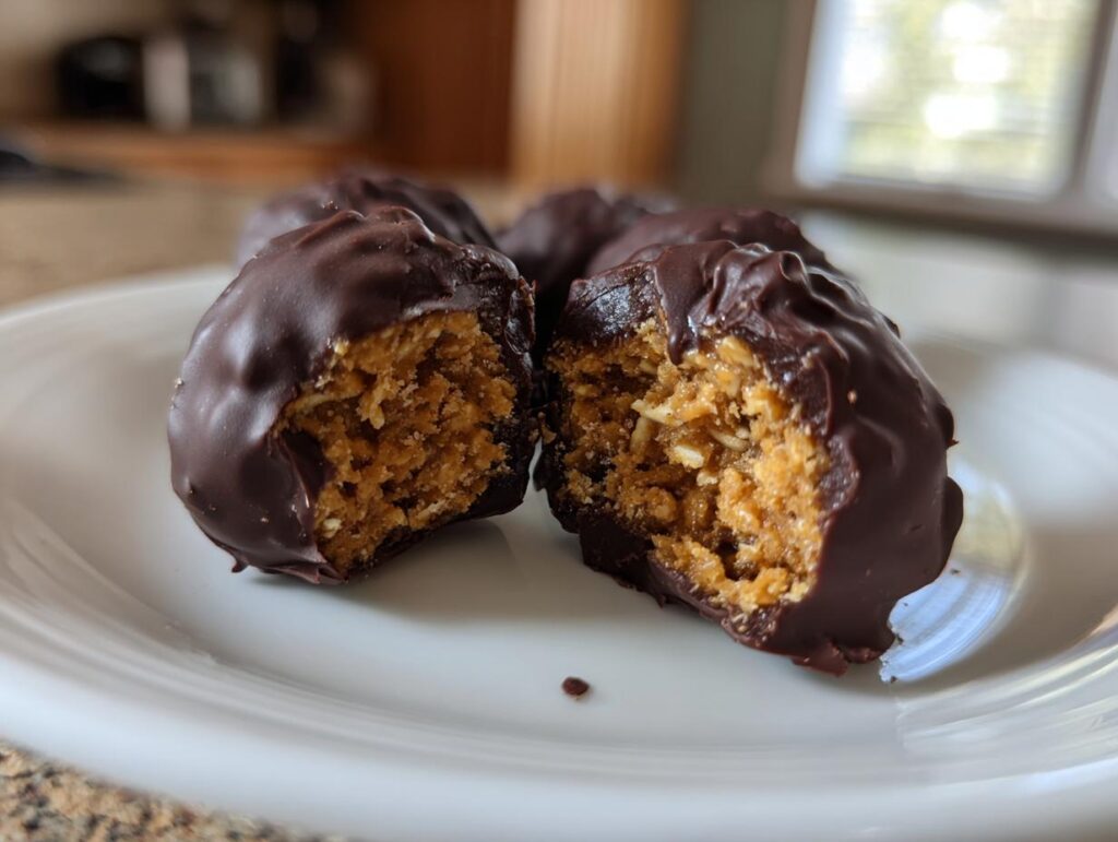 Close-up of chocolate peanut butter snacks with one cut in half showing the peanut butter interior.