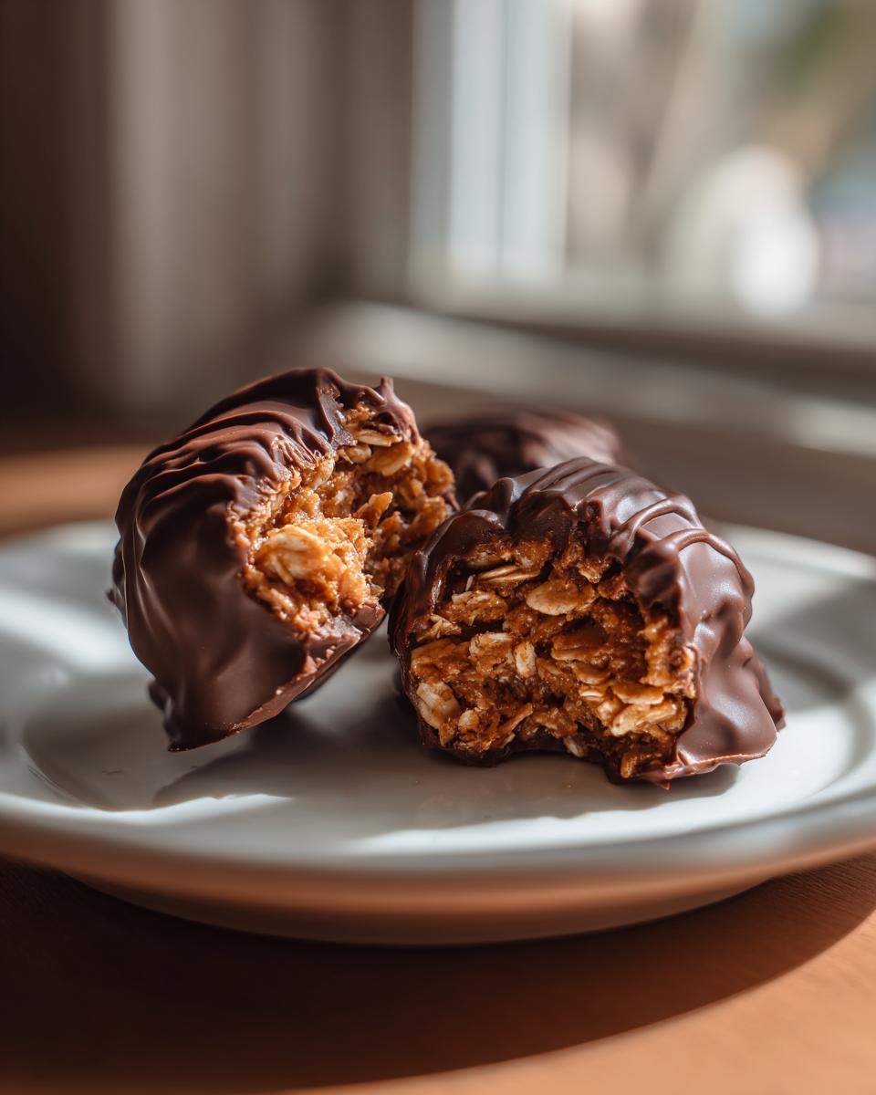 Close-up of chocolate peanut butter snacks with oats on a white plate