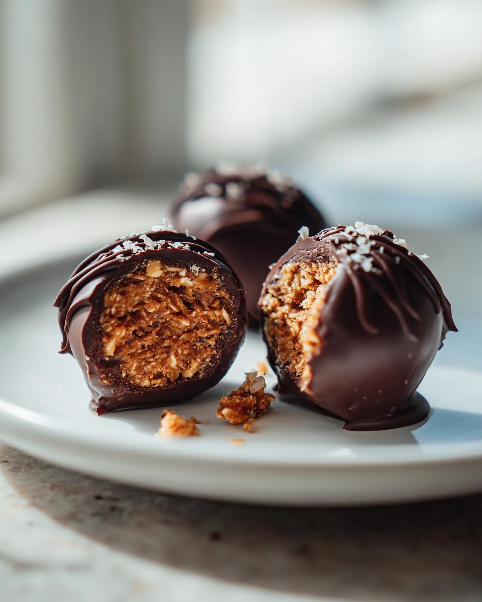 Close-up of chocolate peanut butter snacks with a bite taken, showing textured peanut butter filling.