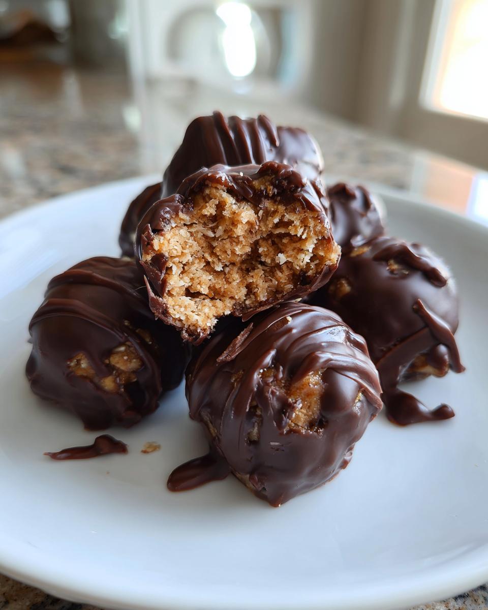 Close-up of chocolate peanut butter snacks with one bitten showing the inside texture.