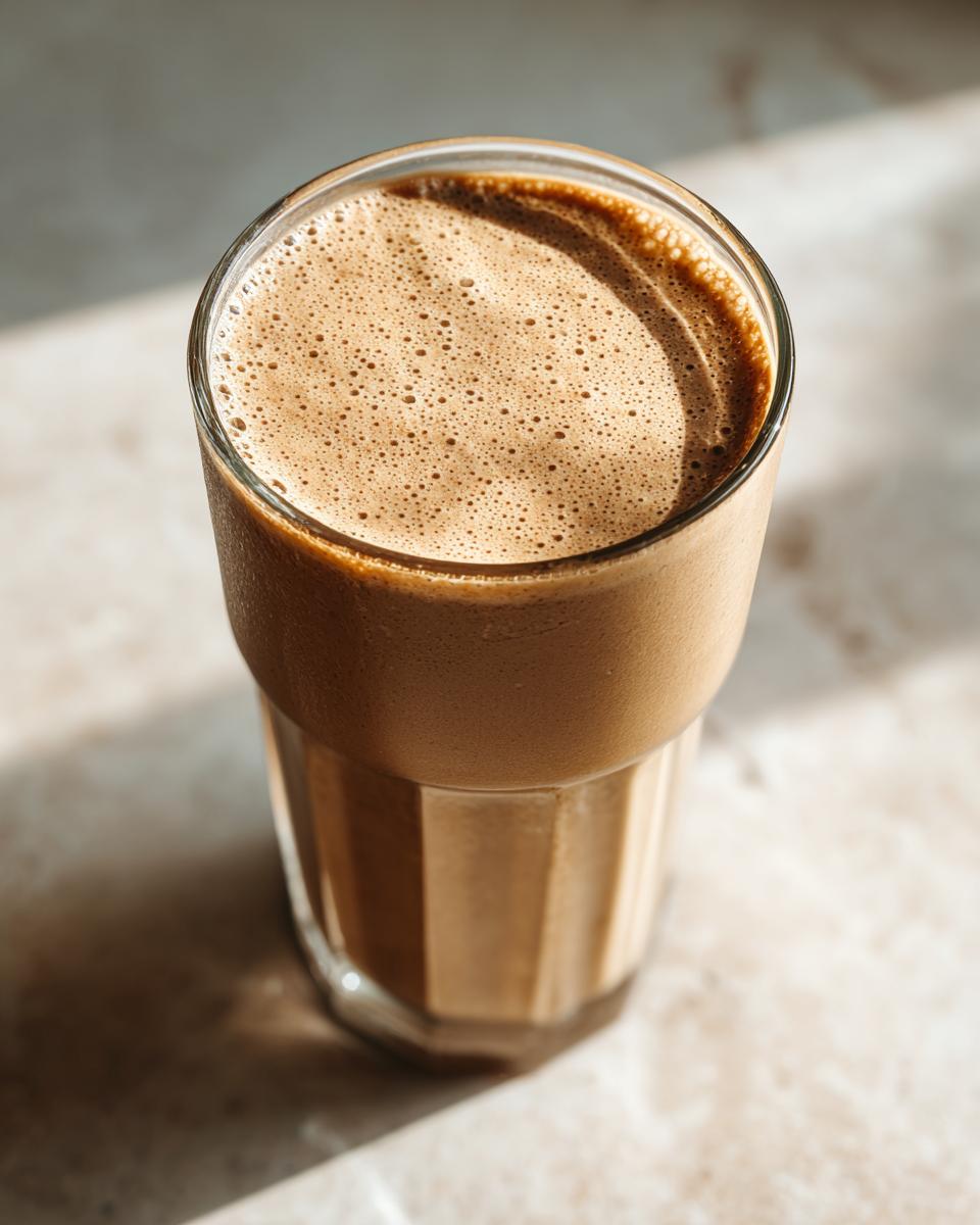 Close-up of a frothy chocolate protein breakfast smoothie in a clear glass.
