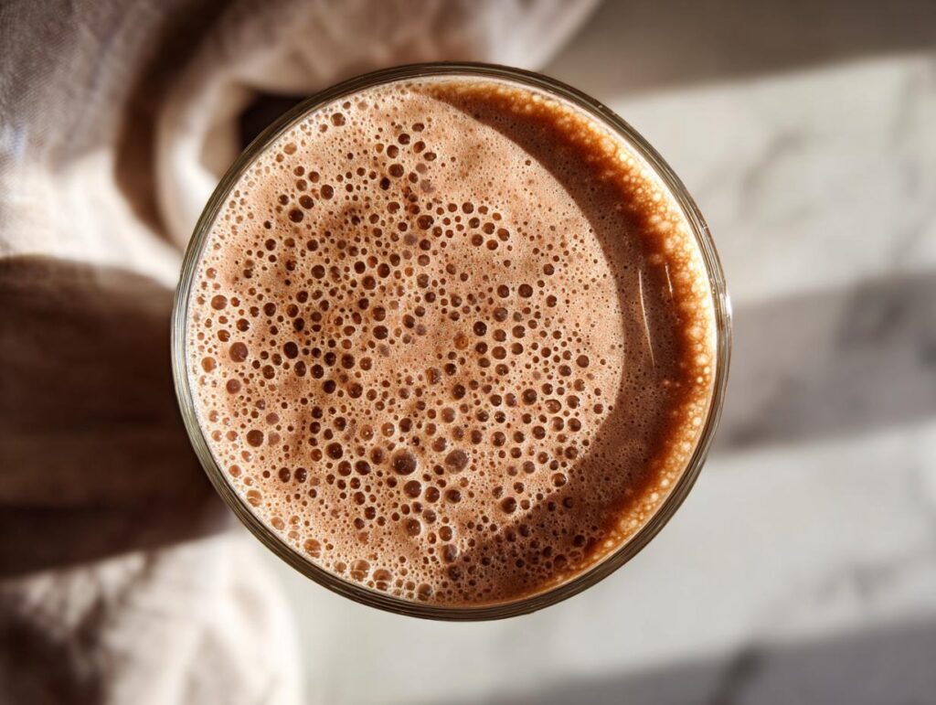 Top view of a frothy chocolate protein breakfast smoothie in a glass.