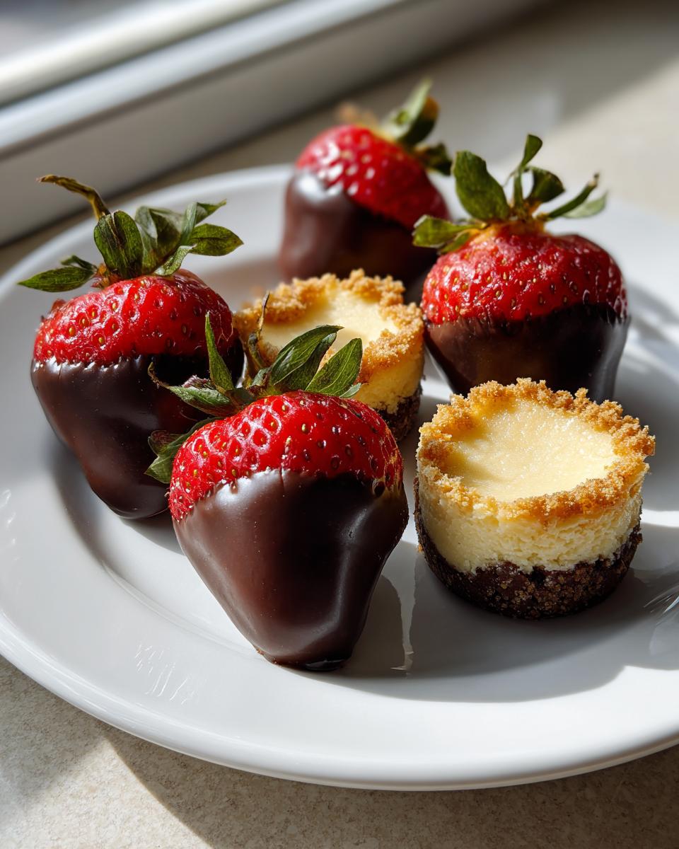 Plate with chocolate covered strawberries and mini cheesecakes, perfect easy finger food desserts