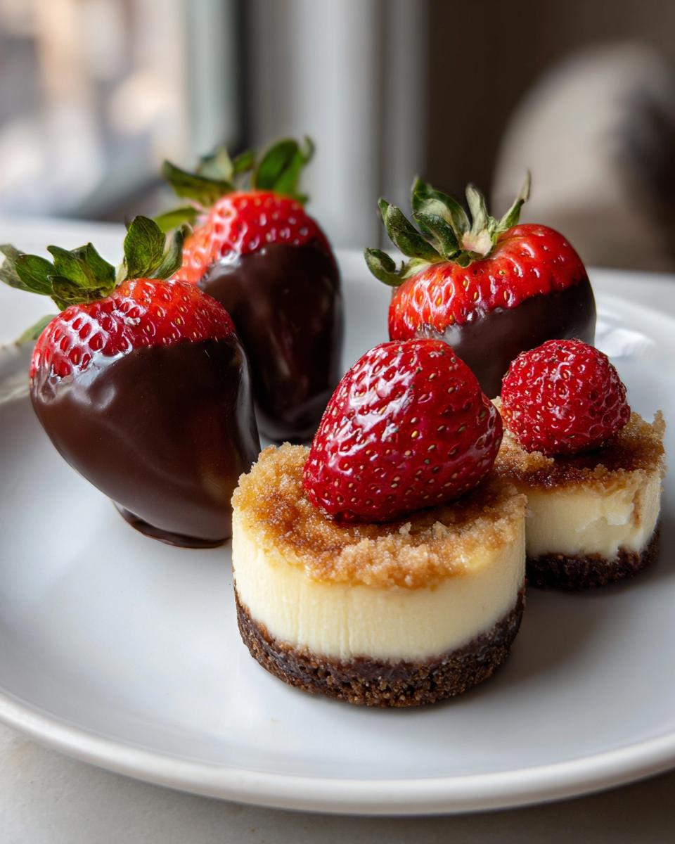 Plate with chocolate covered strawberries and mini cheesecakes topped with fresh strawberries, an easy finger food desserts idea.