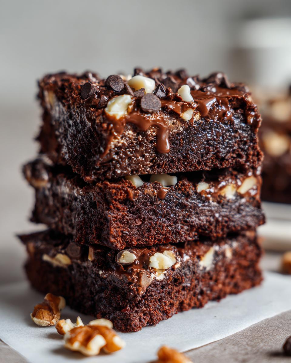 Close-up of stacked chocolate walnut brownies with melted chocolate drizzle for Easter chocolate dessert ideas