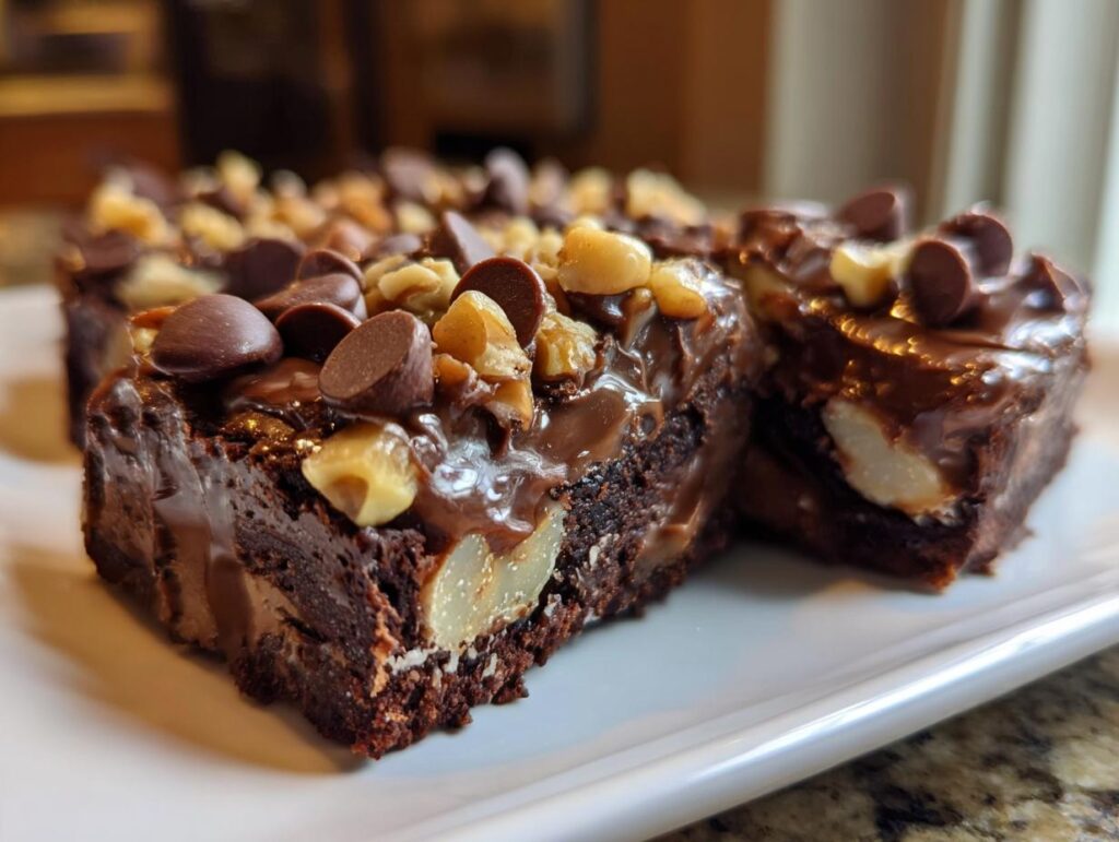 Close-up of chocolate walnut brownies topped with chocolate chips for Easter chocolate dessert ideas