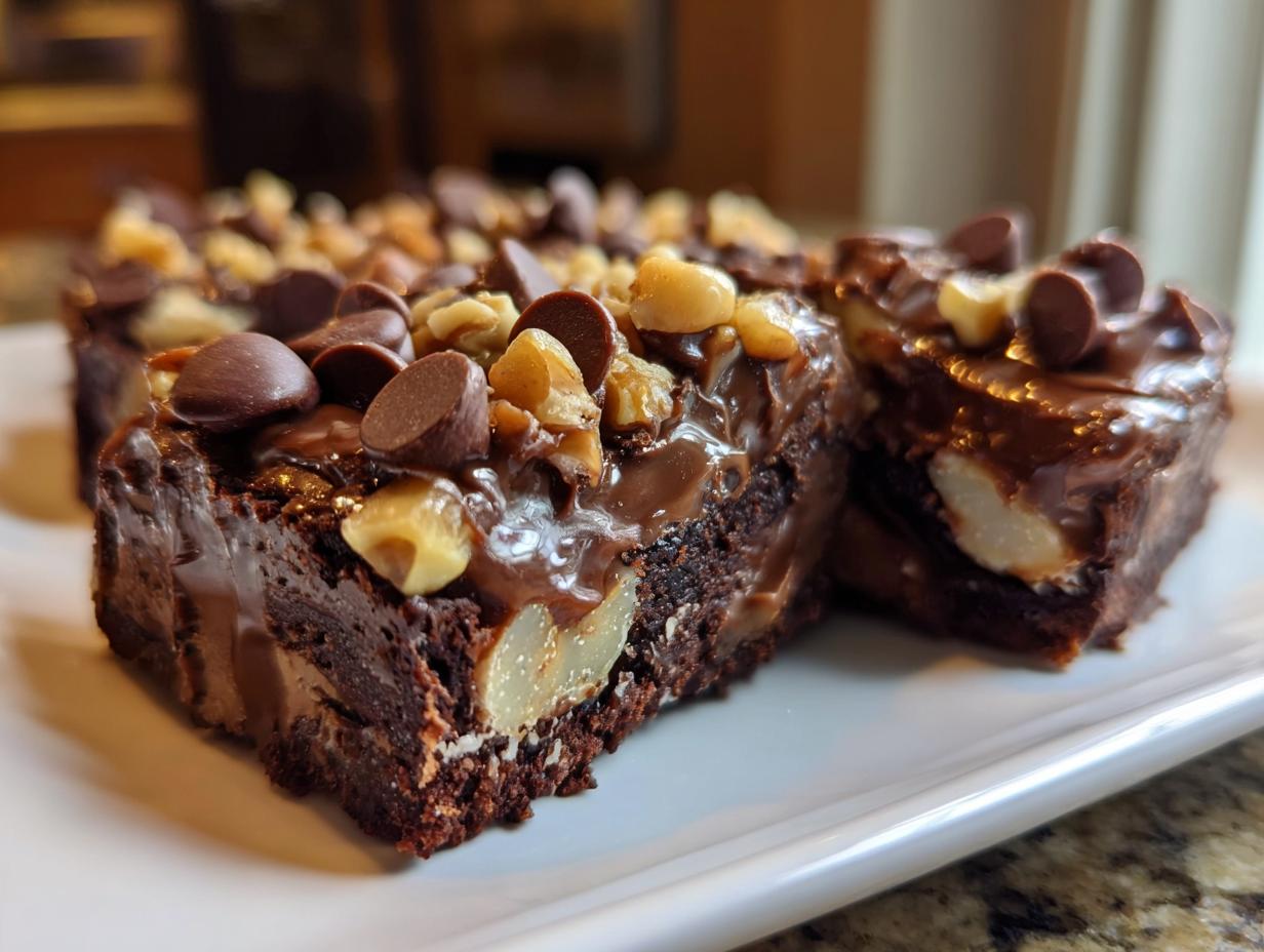 Close-up of chocolate walnut brownies topped with chocolate chips for Easter chocolate dessert ideas