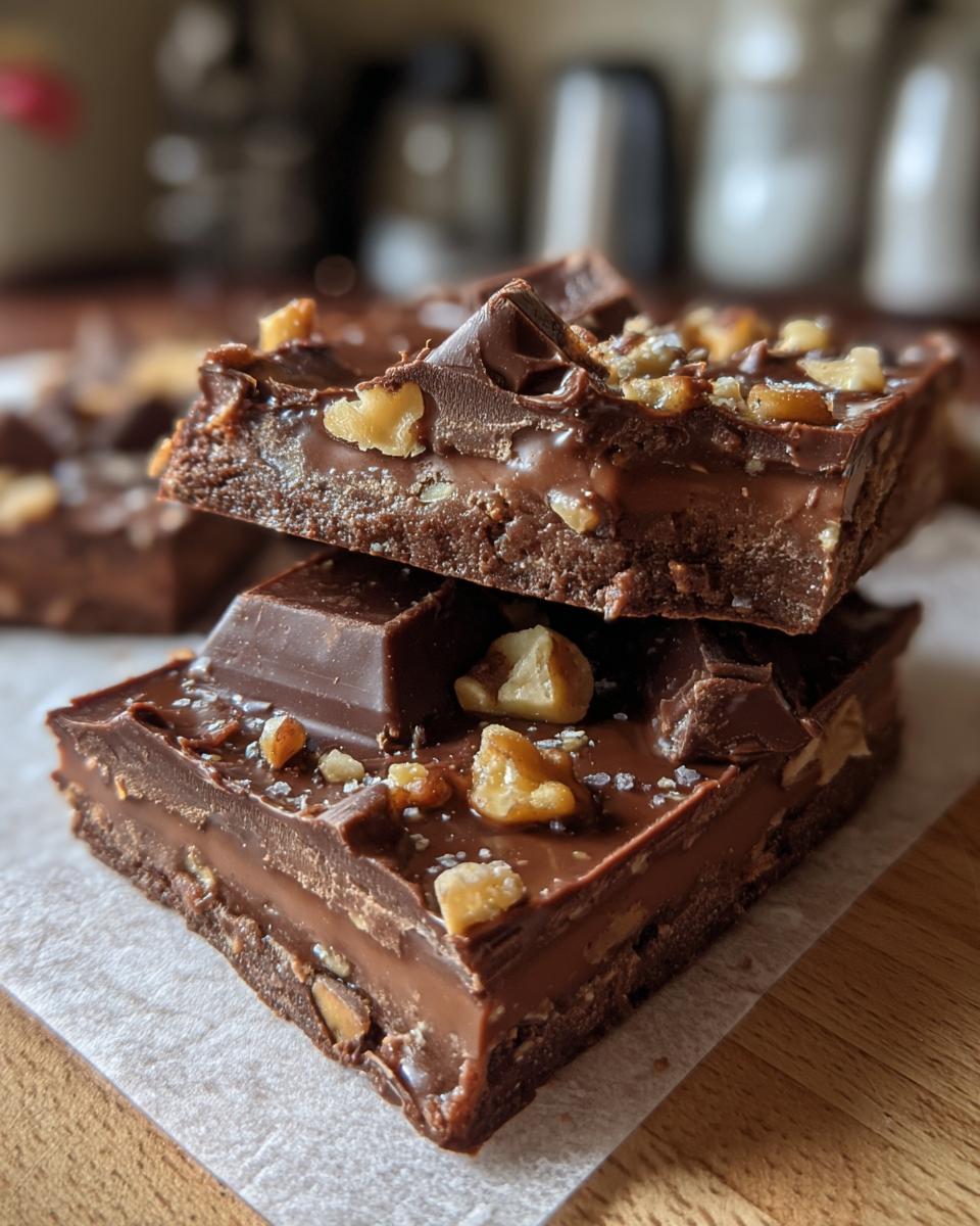 Close-up of chocolate walnut dessert bars stacked, showcasing rich layers and nuts