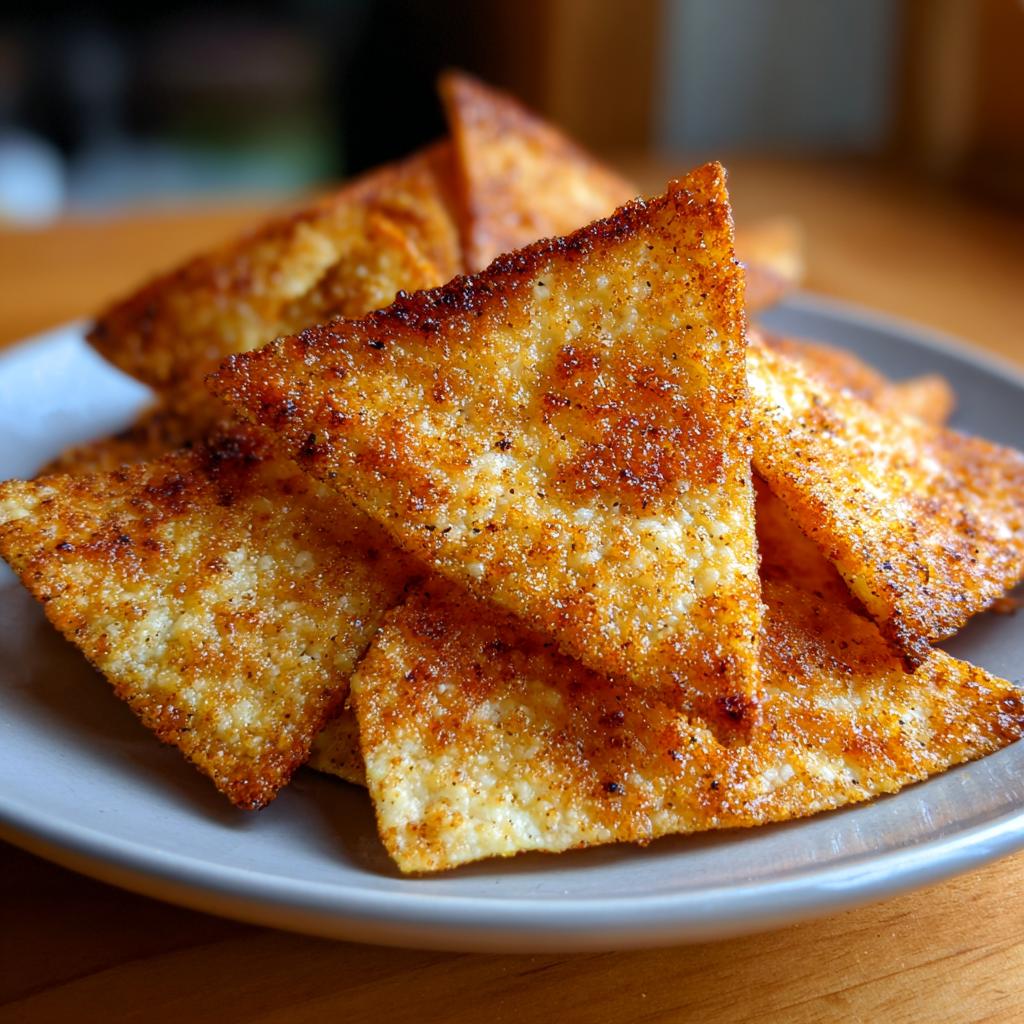 Close-up of cinnamon sugar tortilla chips snack stacked on a white plate.