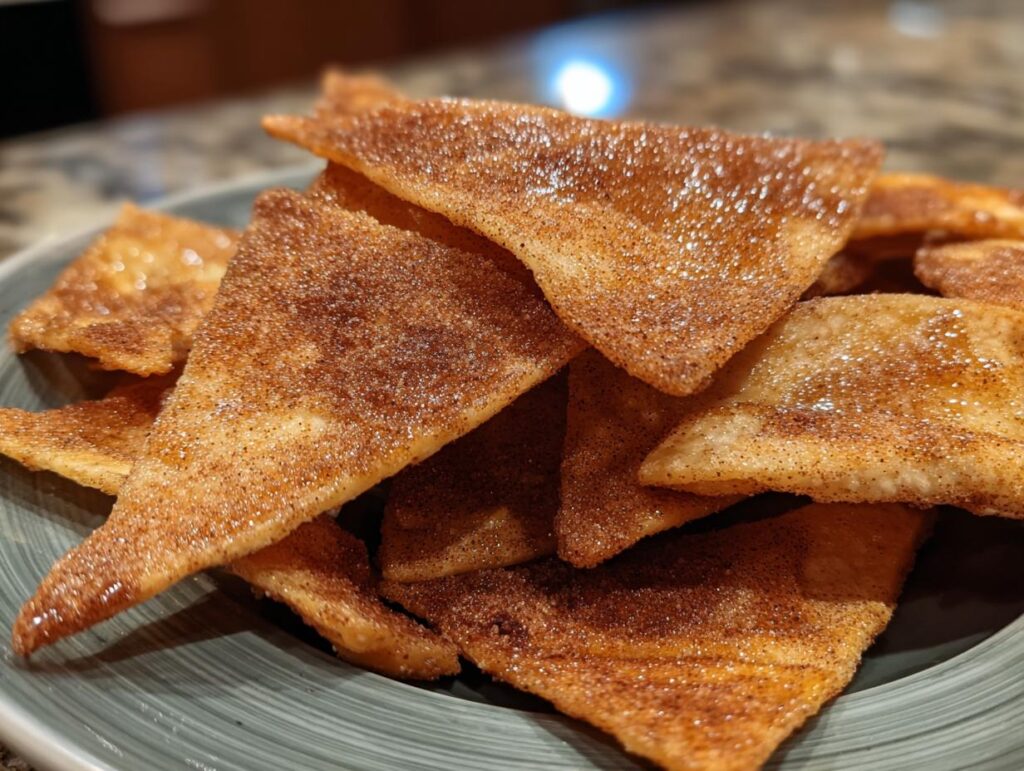 Close-up of crispy cinnamon sugar tortilla chips snack piled on a plate.