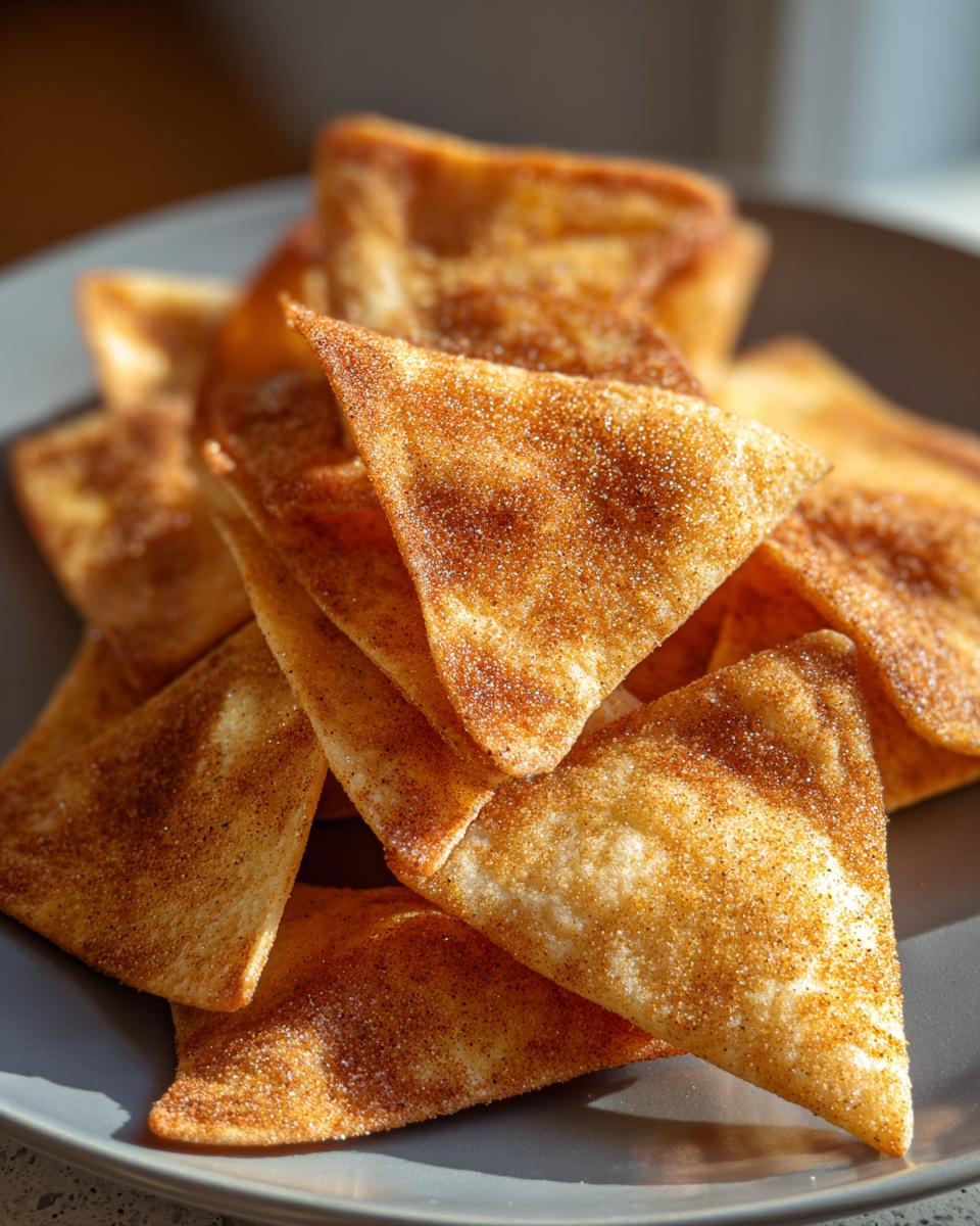 Close-up of cinnamon sugar tortilla chips snack stacked on a gray plate.