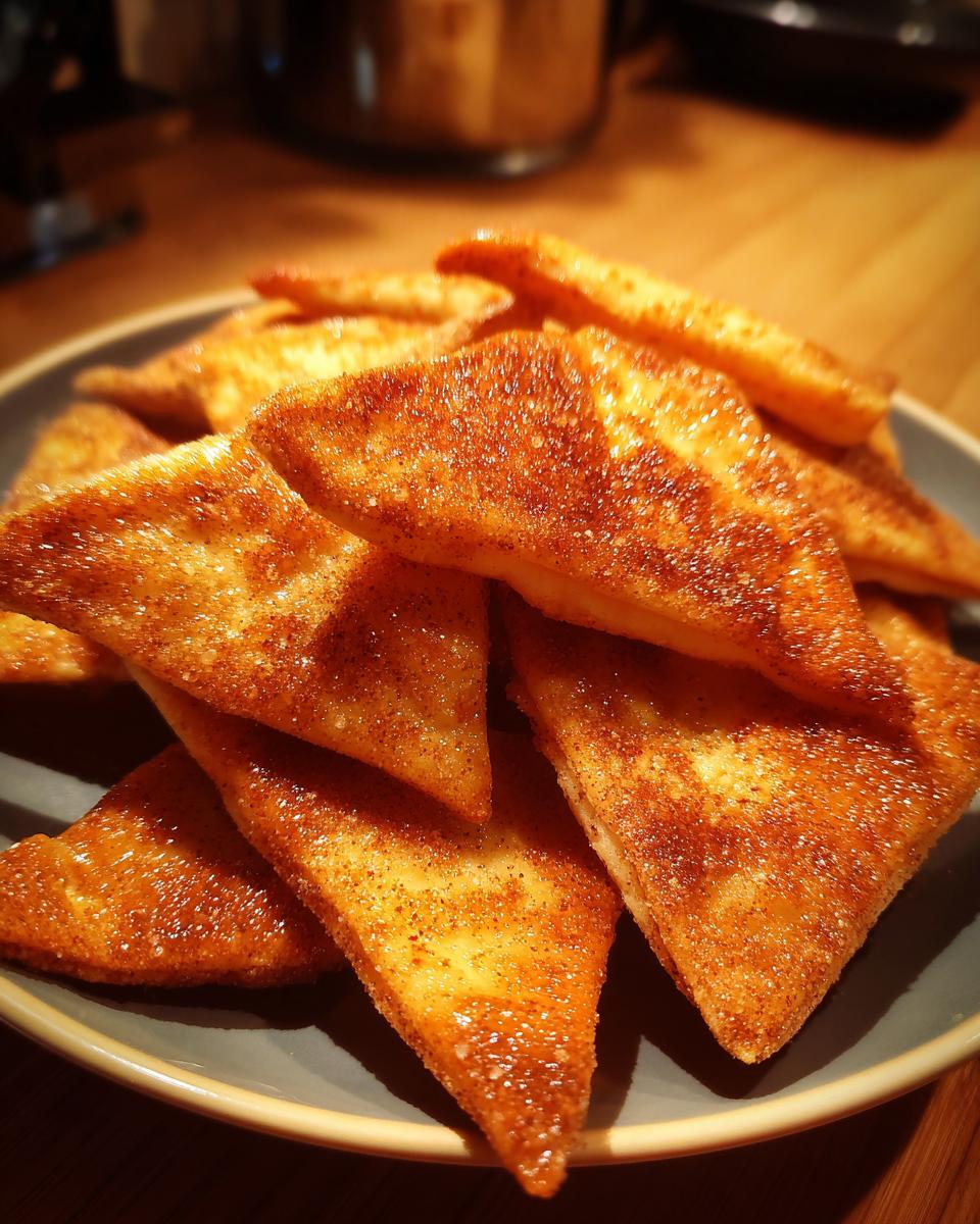 Plate of crispy cinnamon sugar tortilla chips snack with golden brown coating