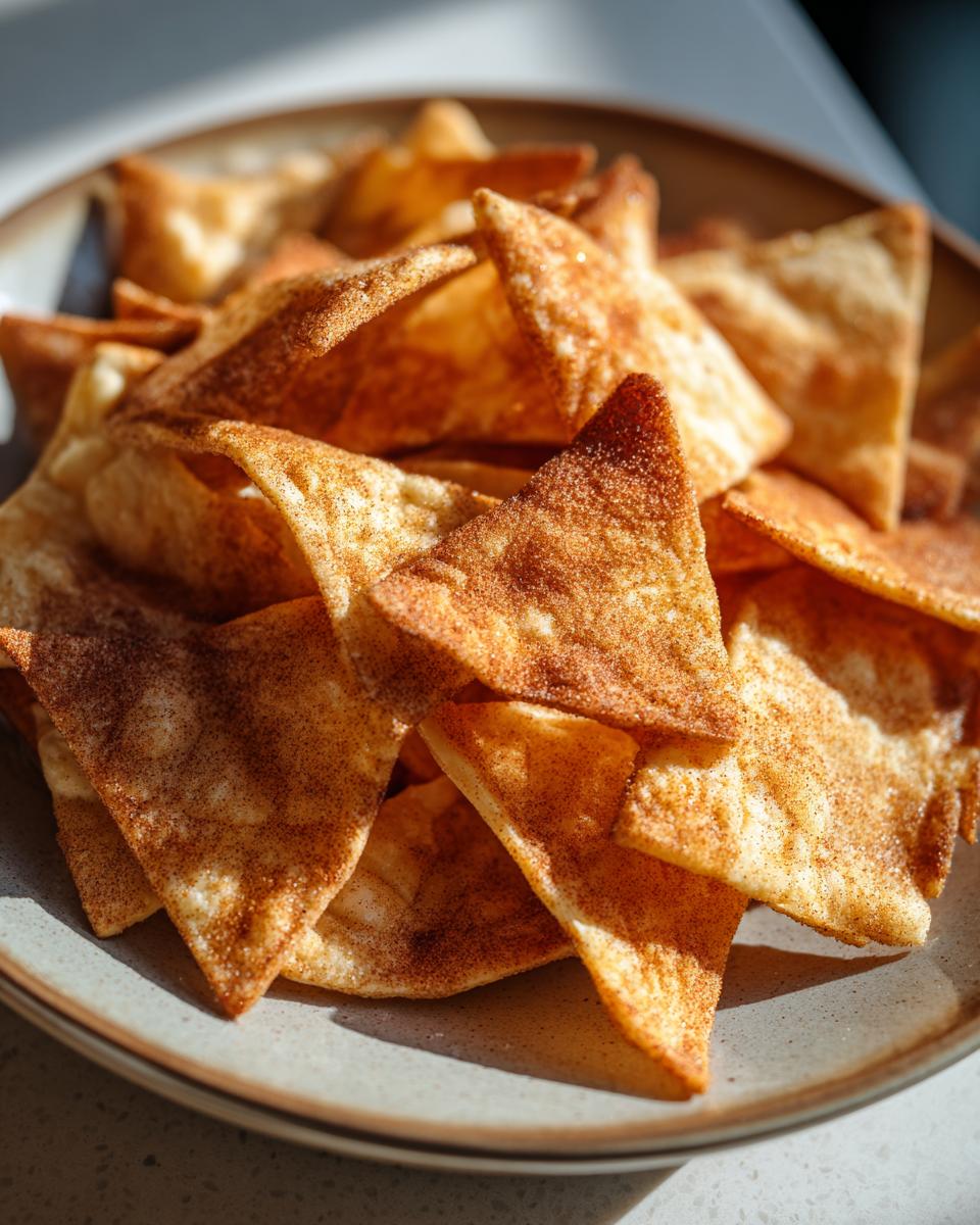 Close-up of cinnamon sugar tortilla chips snack on a beige plate.