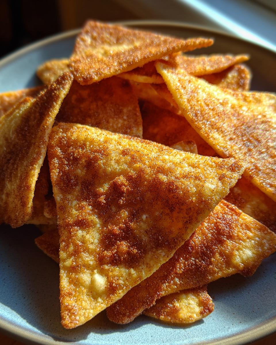 Plate of crispy cinnamon sugar tortilla chips snack with golden brown coating.