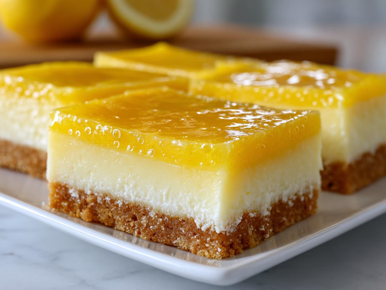 Close-up of classic lemon bars with a graham cracker crust and glossy lemon topping.