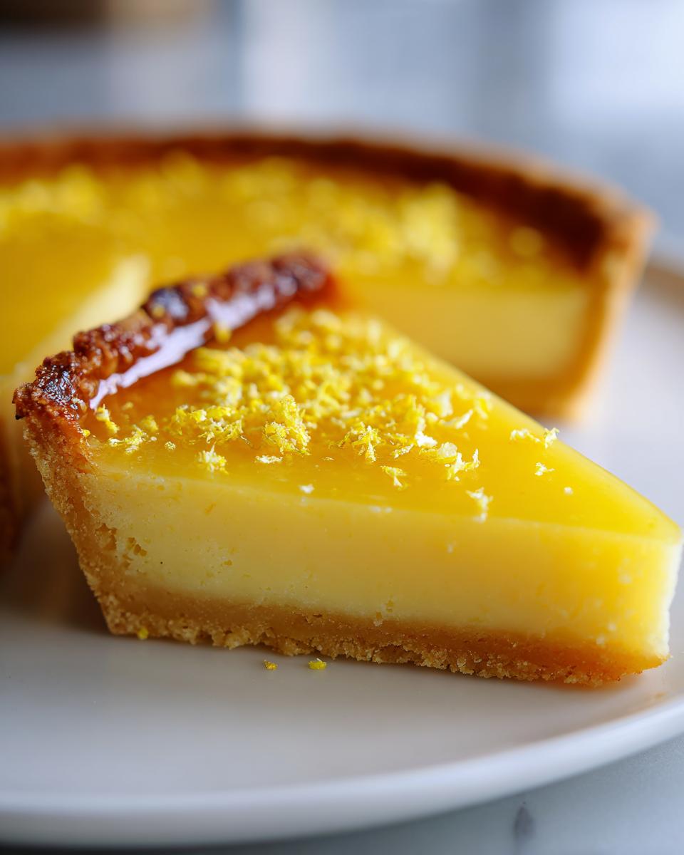 Close-up of a lemon tart slice topped with lemon zest on a white plate