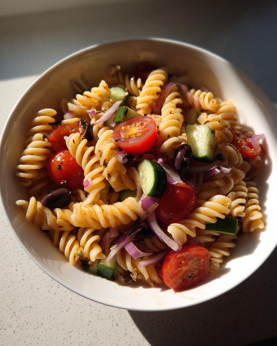Bowl of cold pasta side dishes with rotini, cherry tomatoes, cucumber, olives, and red onion