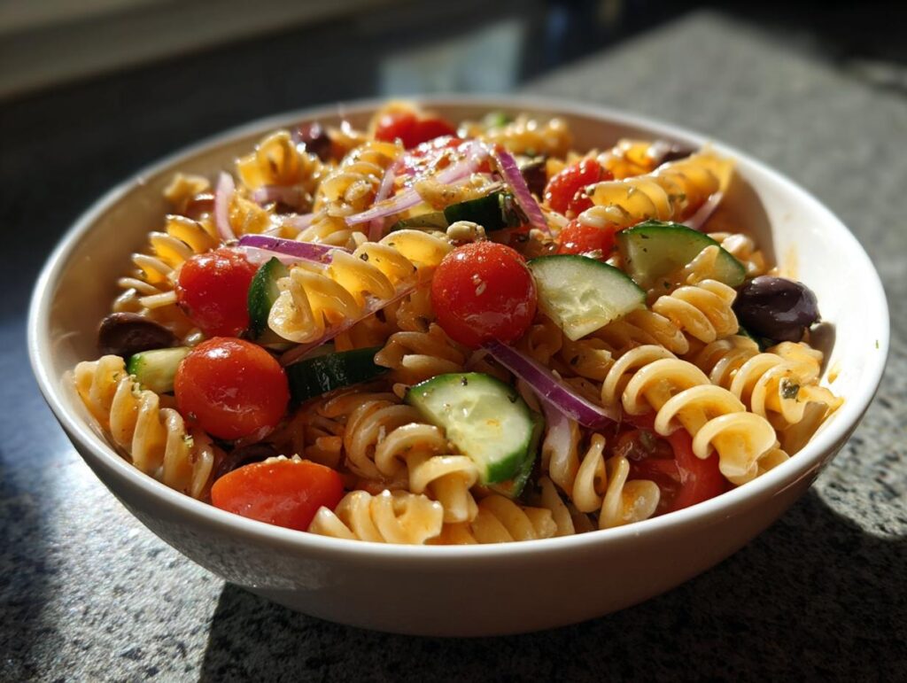 Bowl of cold pasta side dishes with rotini pasta, cherry tomatoes, cucumber, red onion, and olives.