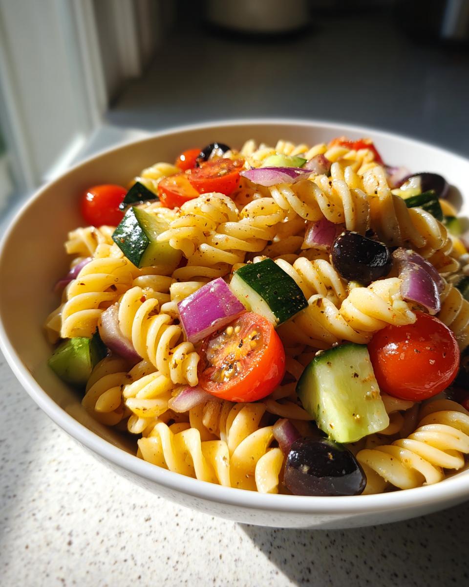 Bowl of cold pasta side dishes with rotini, cherry tomatoes, cucumbers, olives, and red onions.