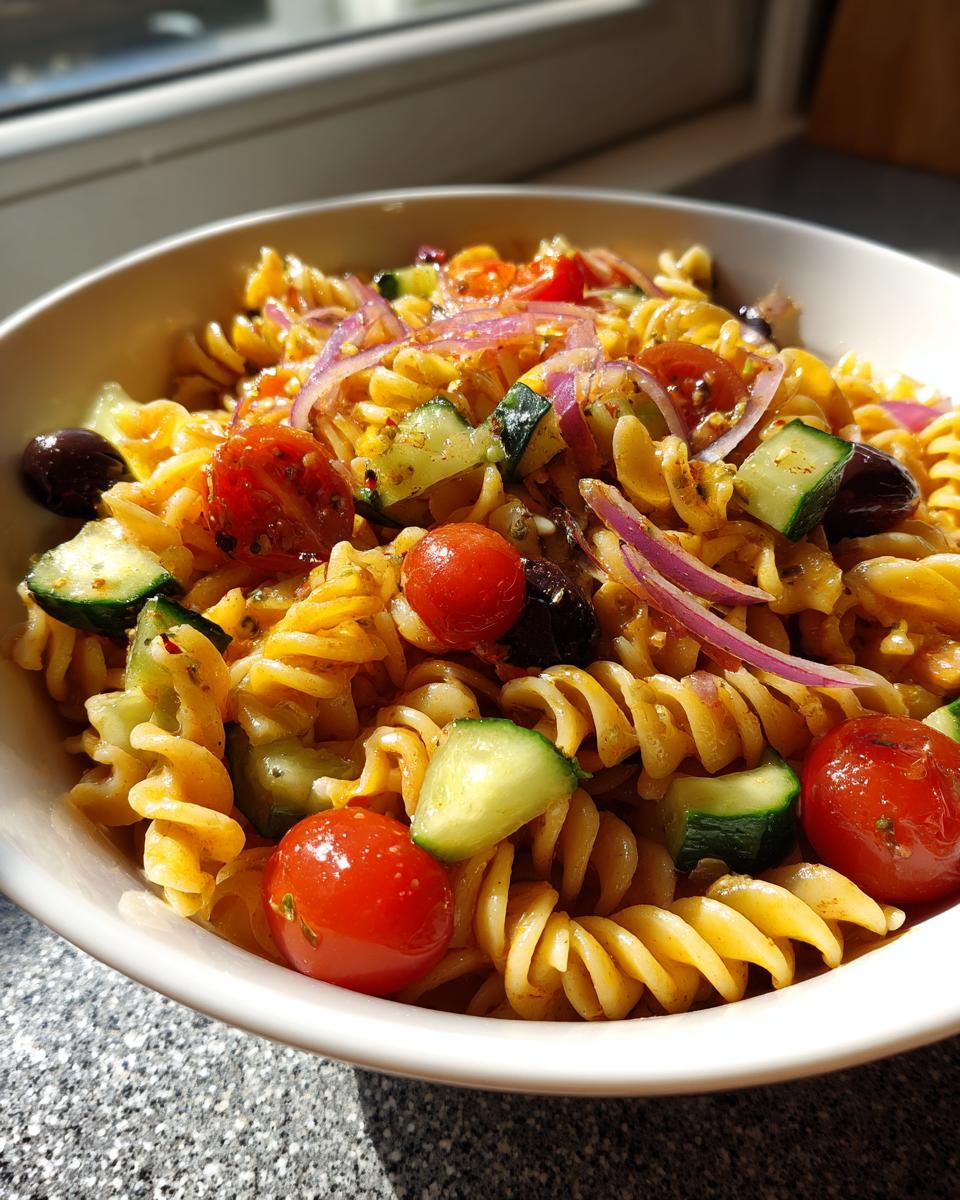 Bowl of cold pasta side dishes with rotini, cherry tomatoes, cucumbers, olives, and red onions