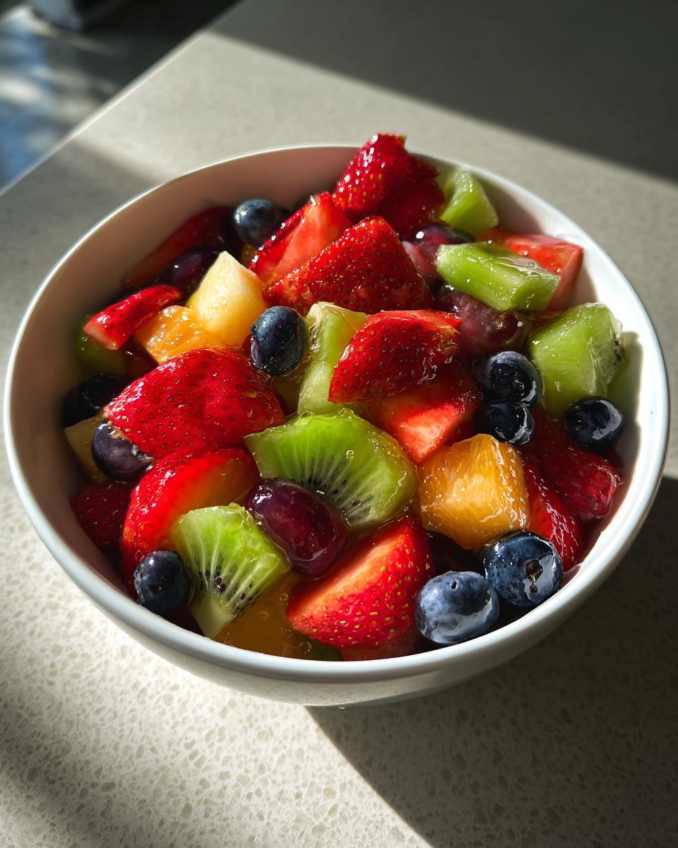 Bowl filled with vibrant easy fruit based desserts including strawberries, kiwi, blueberries, and oranges.