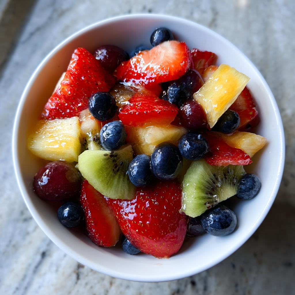 Bowl filled with a vibrant mix of strawberries, blueberries, kiwi, pineapple, and grapes for easy fruit based desserts.