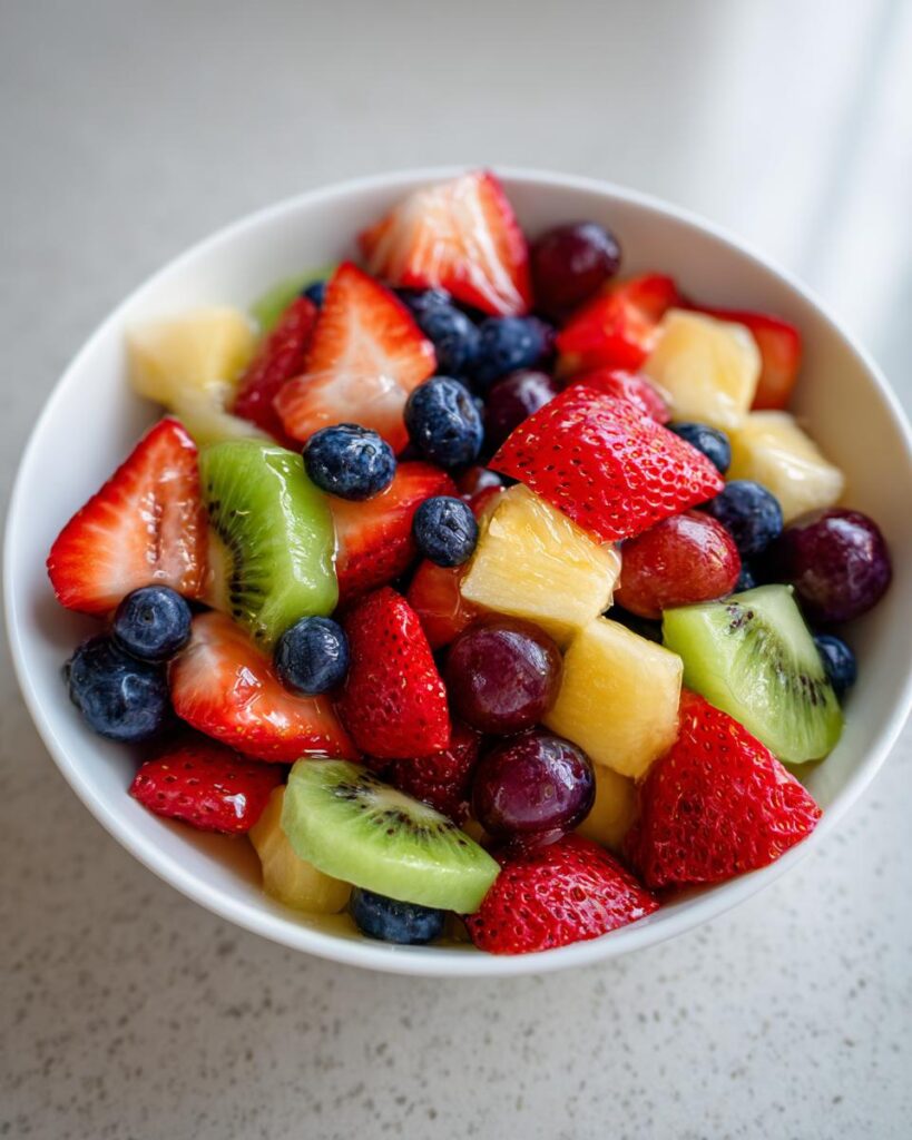 Bowl filled with strawberries, blueberries, kiwi, pineapple, and grapes for easy fruit based desserts