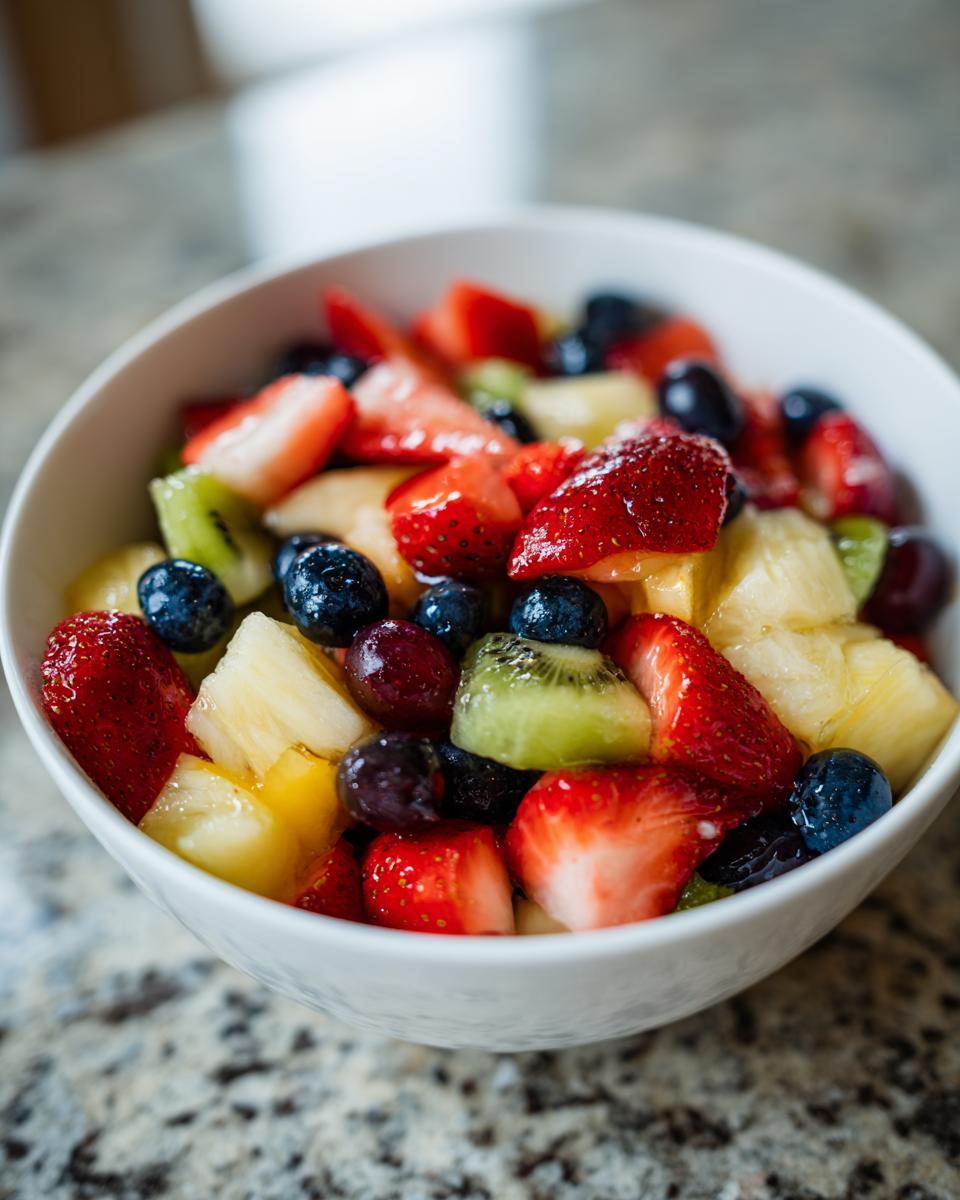 Bowl filled with colorful fresh fruit salad including strawberries, blueberries, kiwi, pineapple, and grapes.
