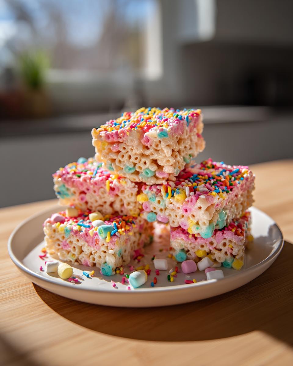 Stack of colorful Easter marshmallow treats with sprinkles on a white plate.