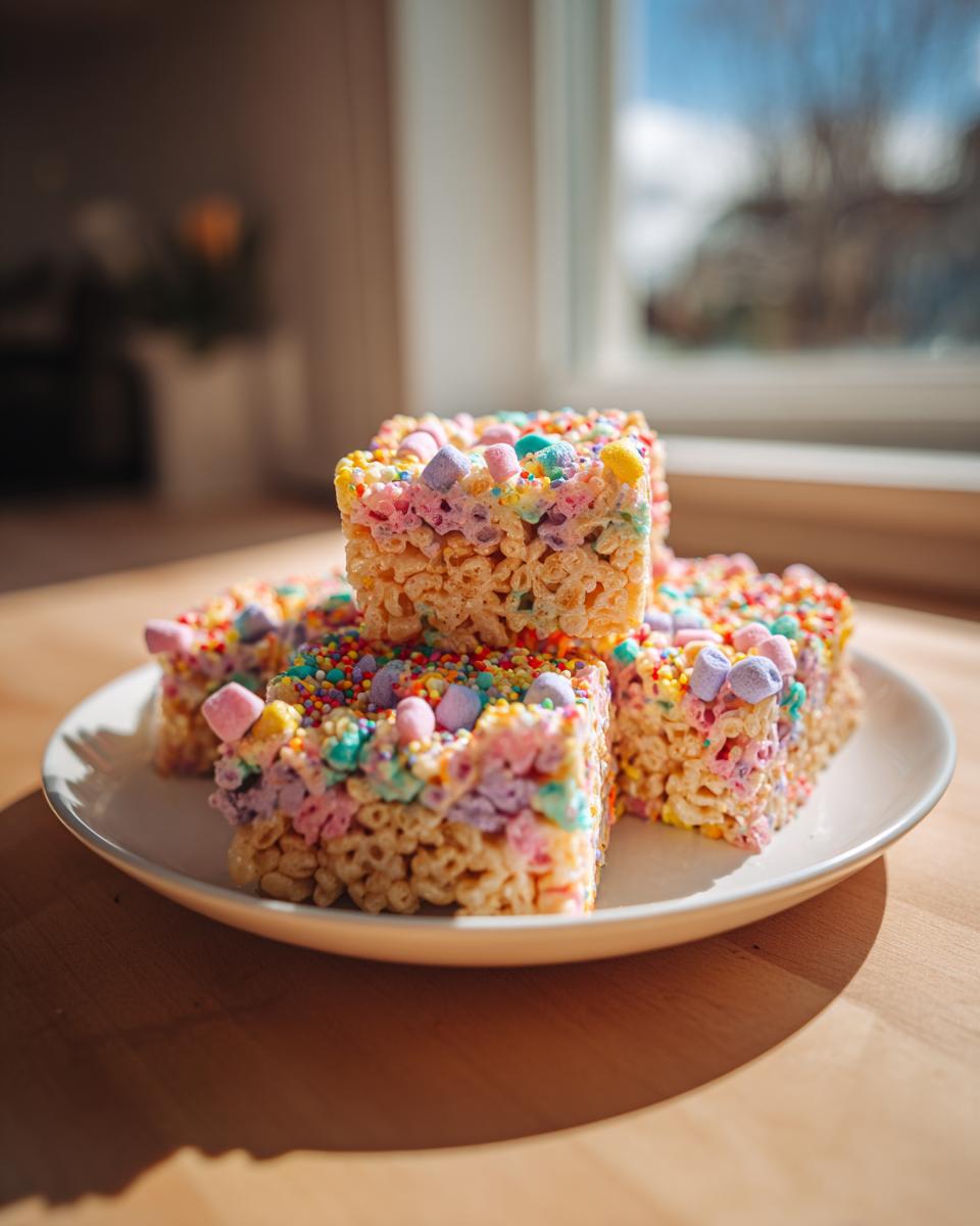 Stack of colorful Easter marshmallow treats with sprinkles and mini marshmallows on a white plate.