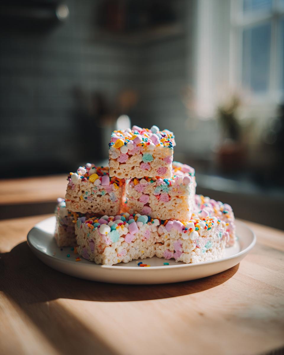 Stack of colorful Easter marshmallow treats with sprinkles on a white plate.