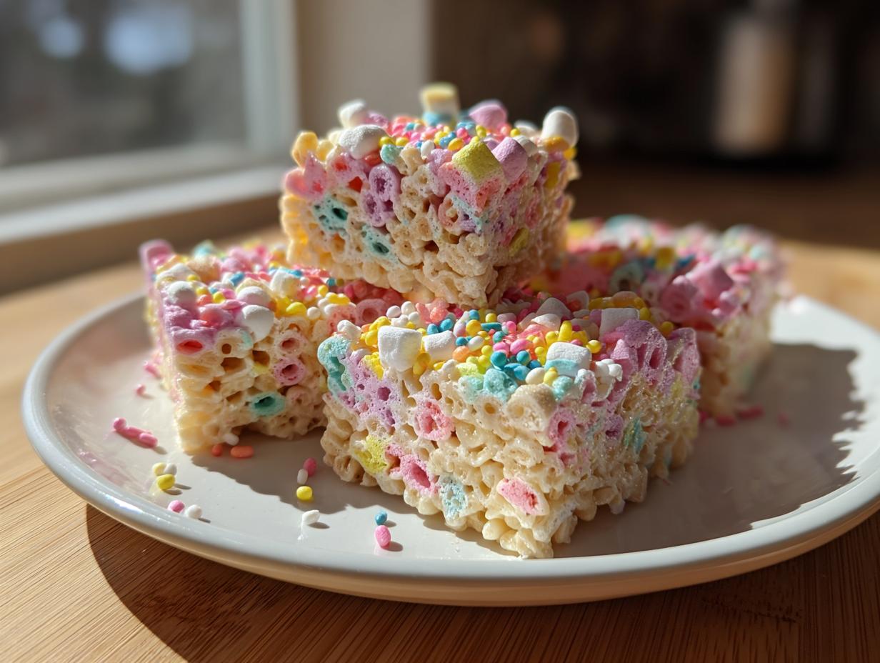 Stacked Easter marshmallow treats with pastel colors and sprinkles on a white plate.