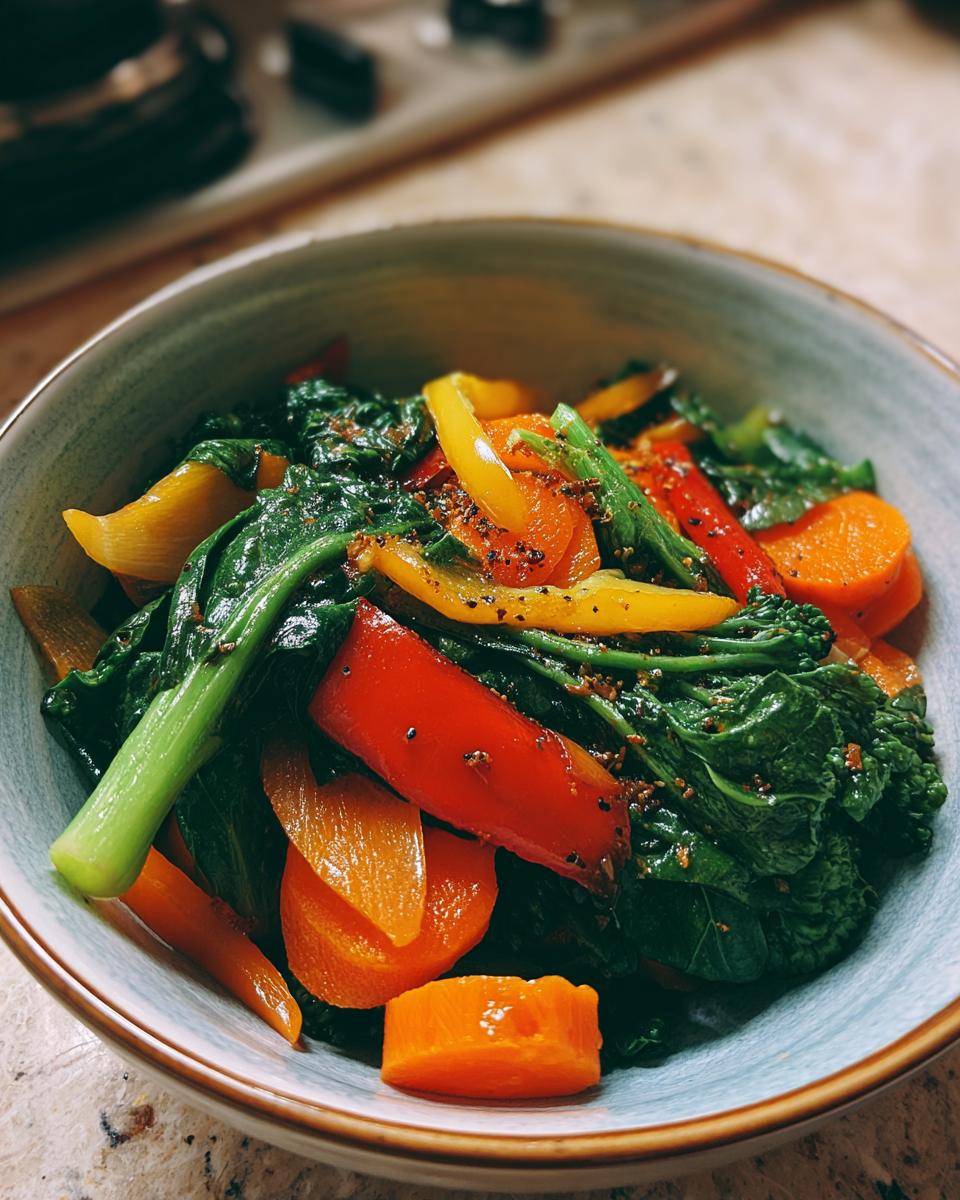 Bowl of sautéed colorful vegetables including carrots, bell peppers, and greens for healthy vegetable side recipes