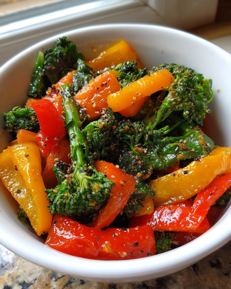 Bowl of vibrant healthy vegetable side recipes with broccoli, red and yellow bell peppers.