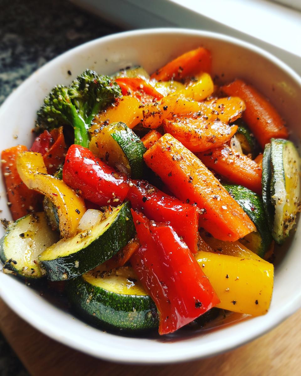 Bowl of colorful cooked vegetables including zucchini, bell peppers, carrots, and broccoli seasoned with herbs