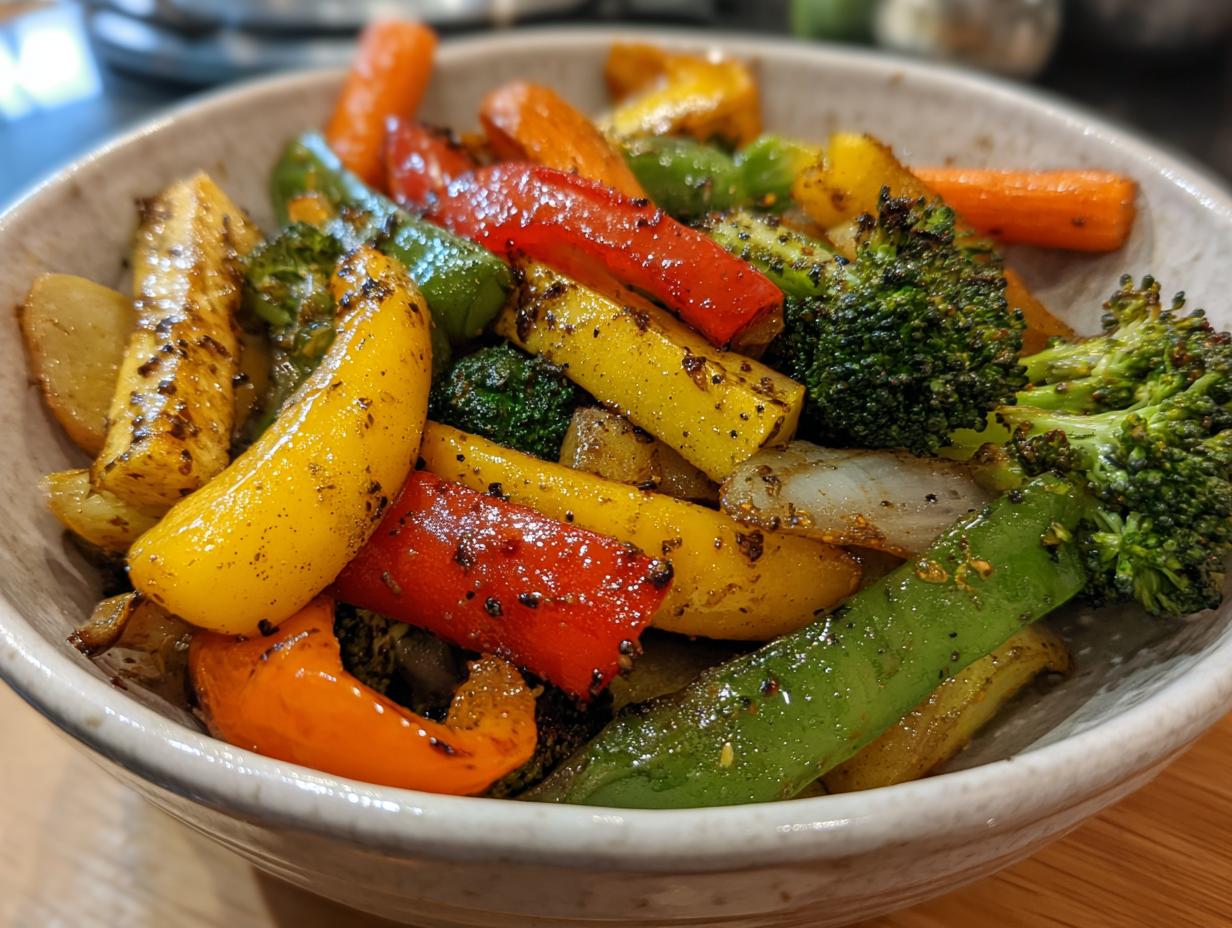 Bowl of sautéed colorful vegetables including broccoli, bell peppers, carrots, and snap peas for healthy vegetable side recipes